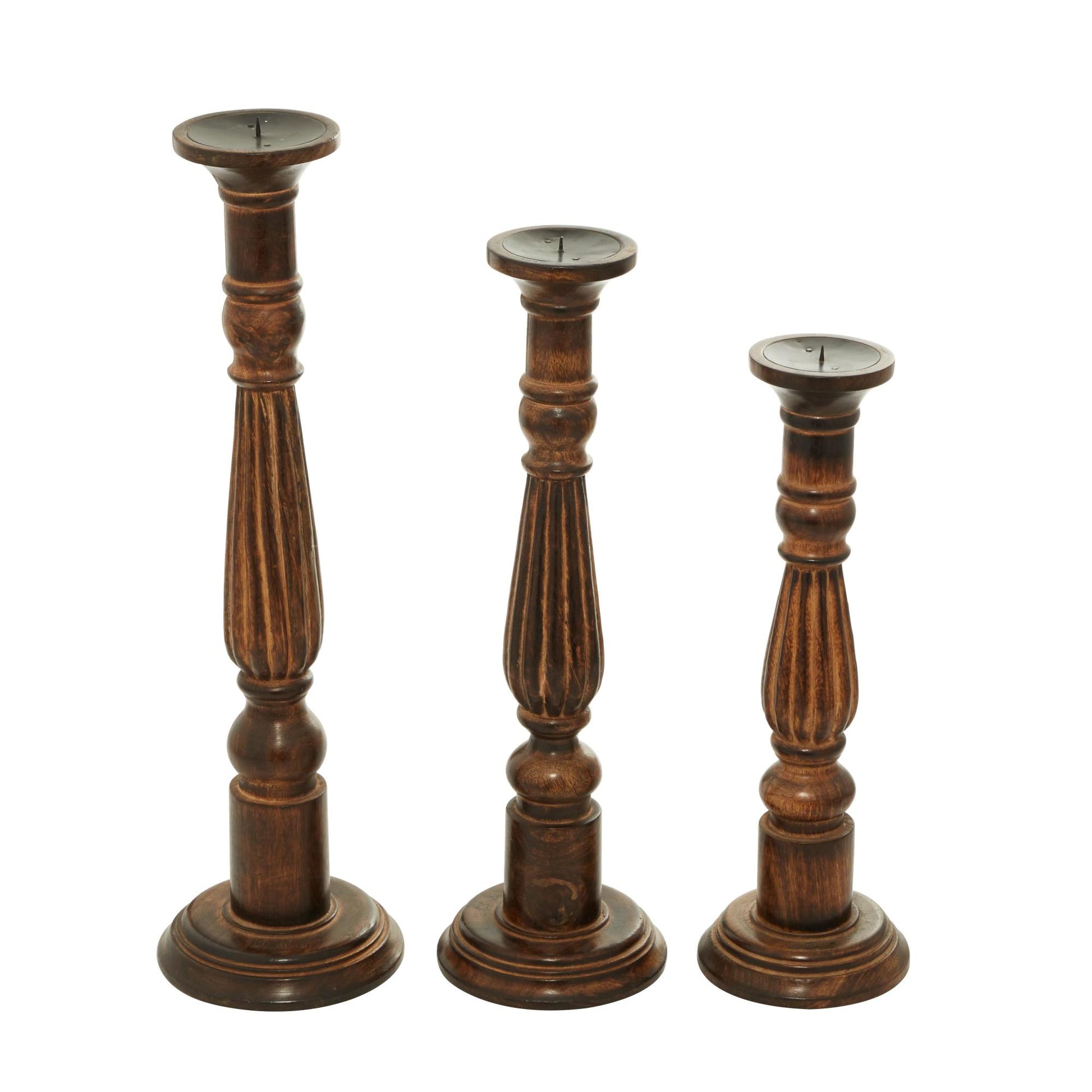 Set of 3 Brown Mango Wood Tall Turned Decorative Candle Holder