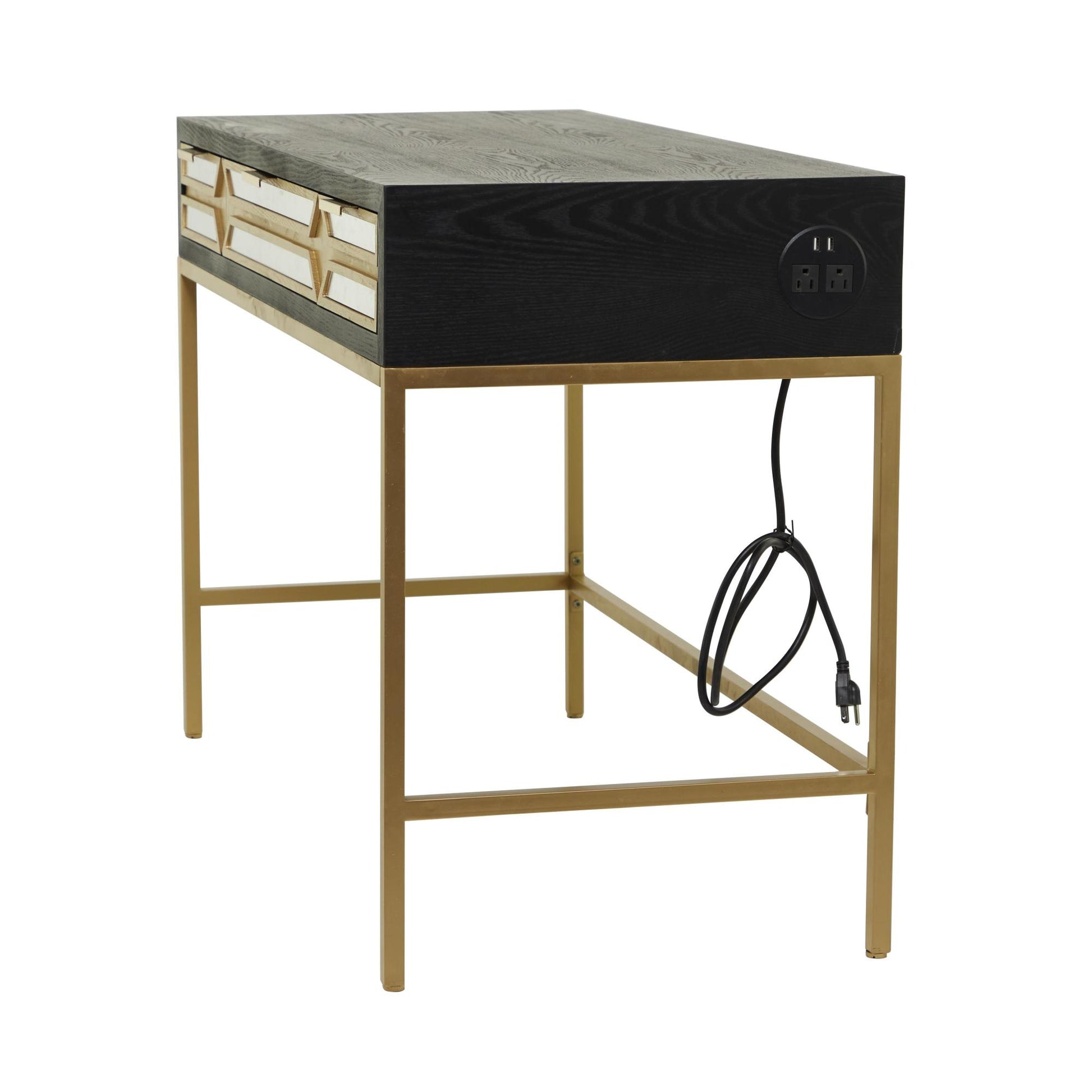 Black Wooden 3 Drawer Desk with Mirrored Front and Outlet