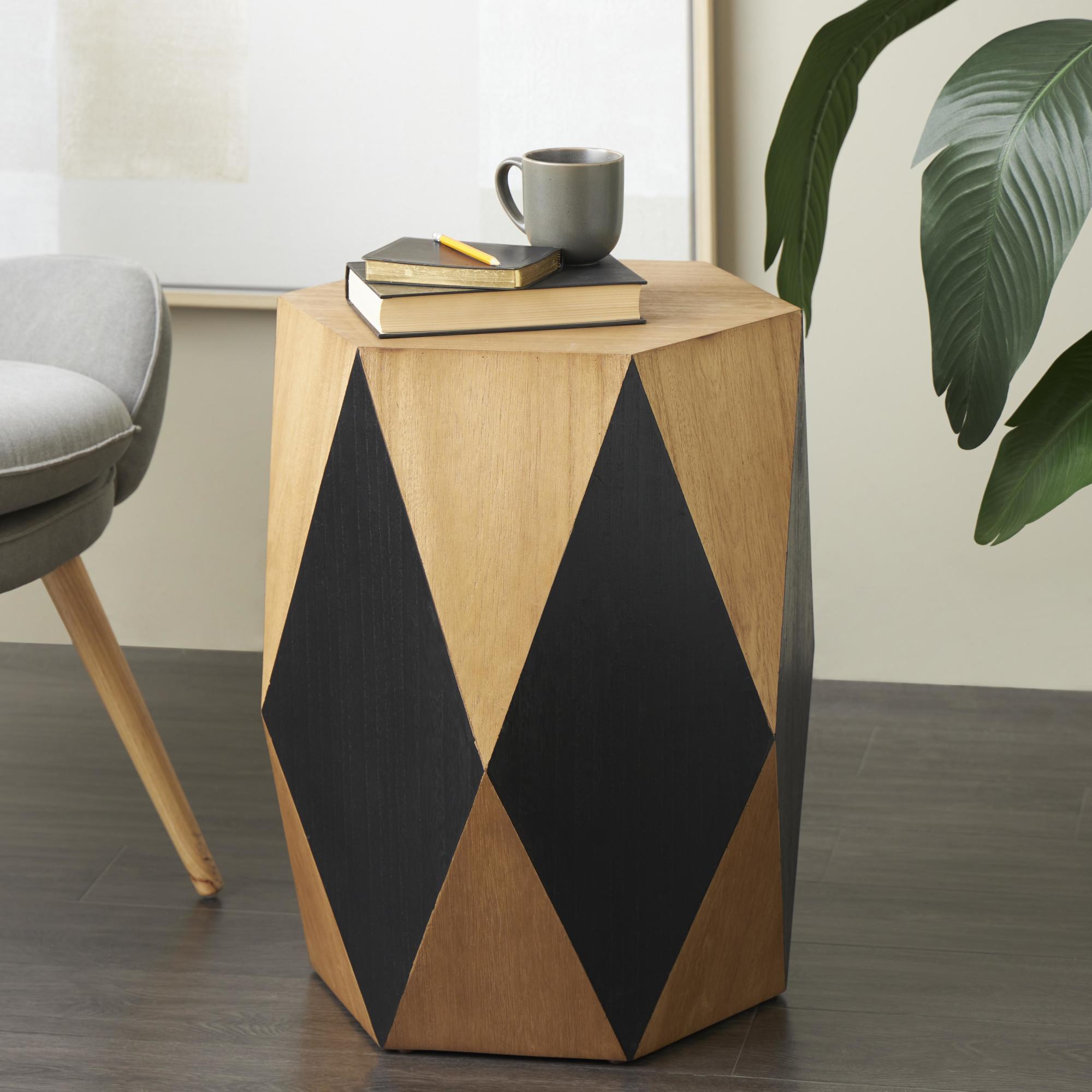 Geometric Brown Wood Diamond Side End Accent Table with Black Accents