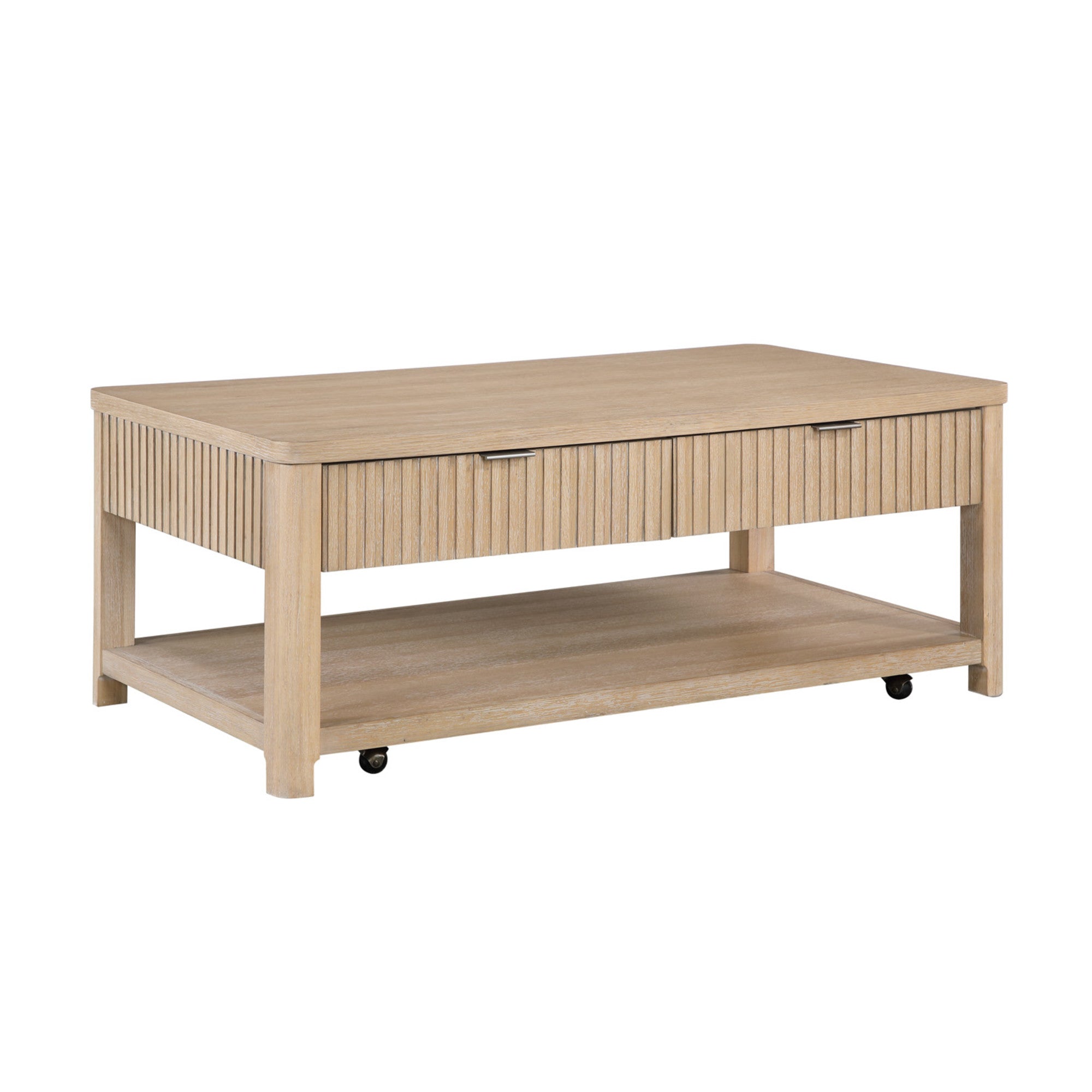 Light Brown Wooden Slatted 2 Drawer Living Room Coffee Table with Silver Handles and Rolling Wheels