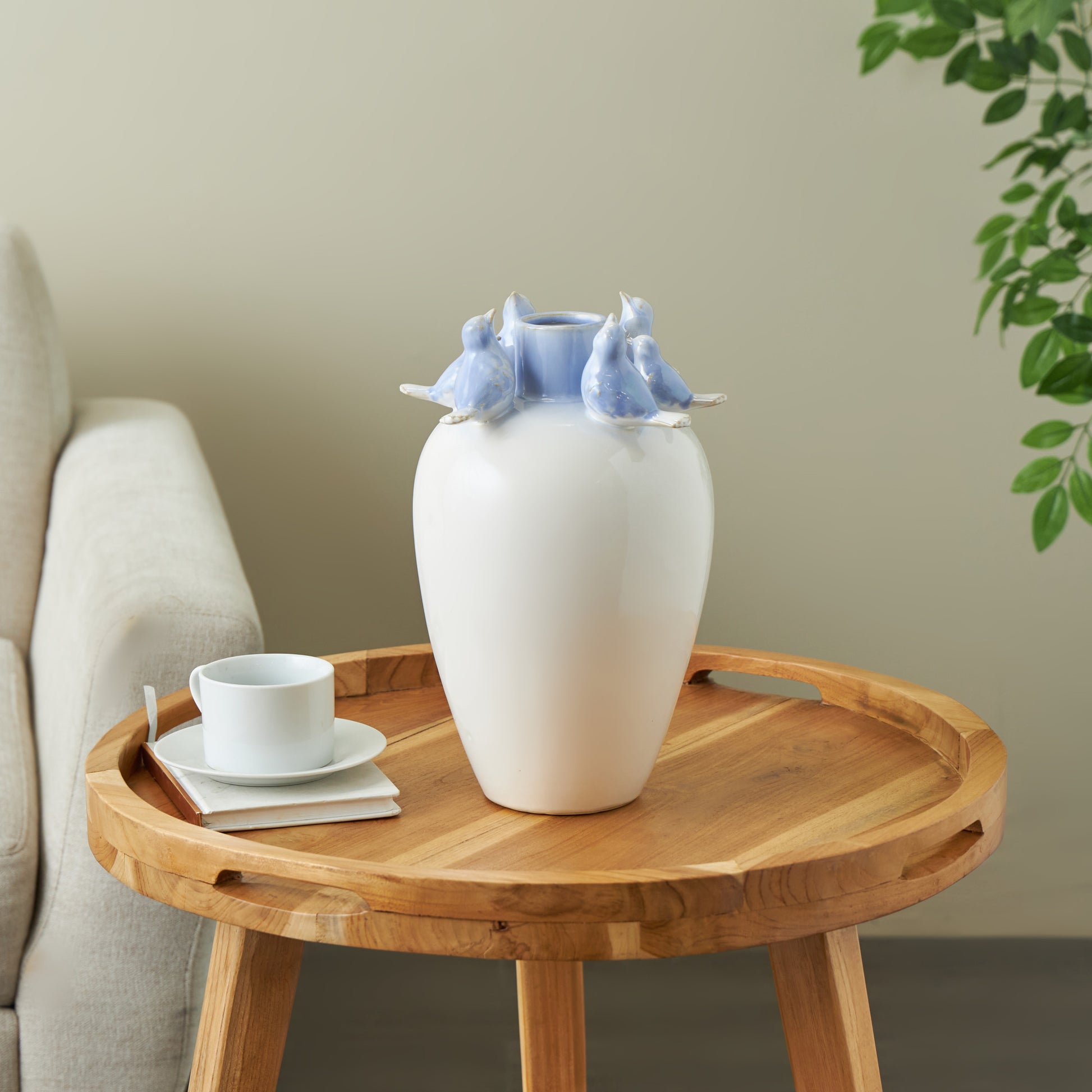 Bird White Ceramic Decorative Vase with Blue Accents