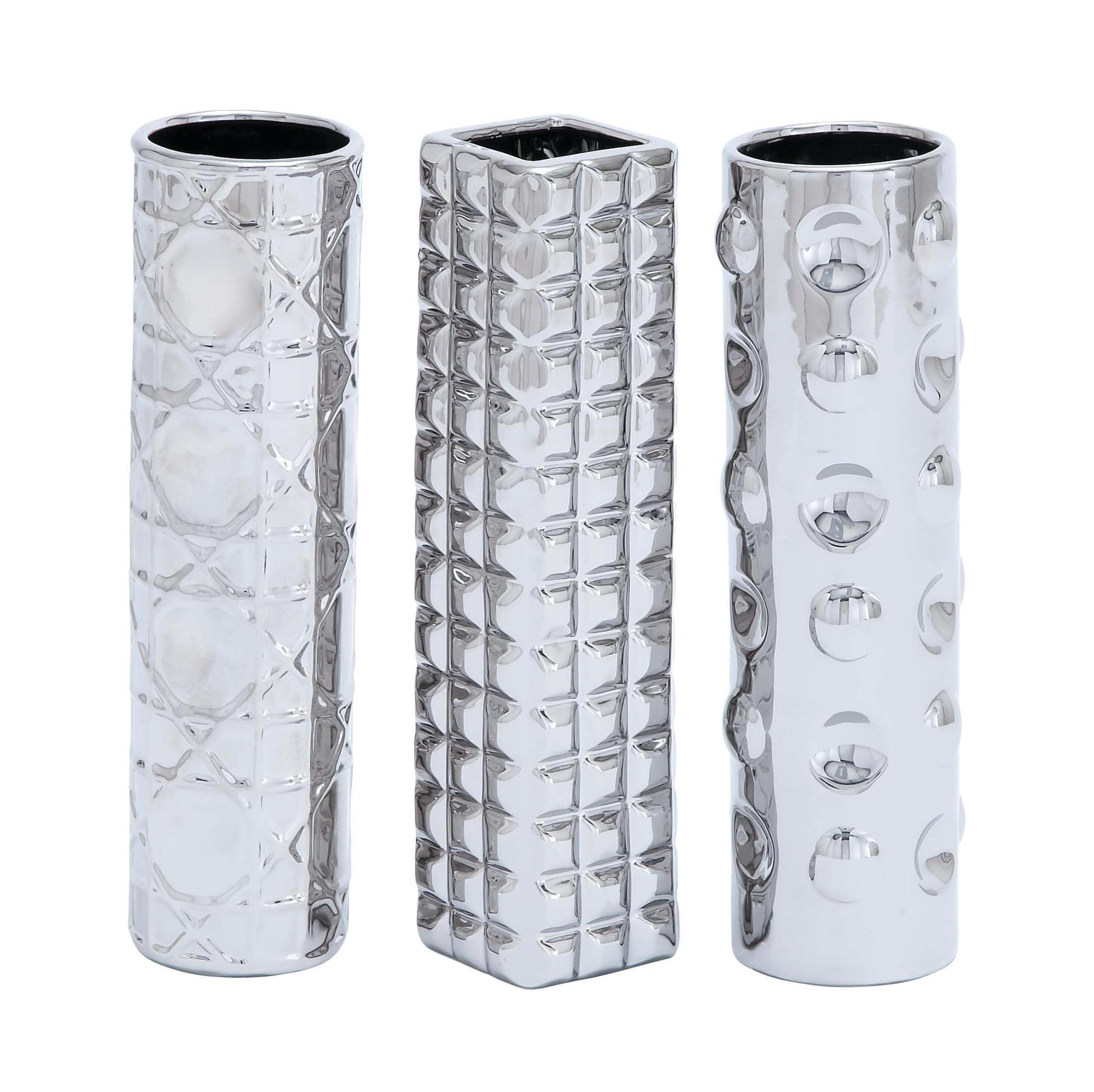 Set of 3 Geometric Silver Ceramic Decorative Vase with Varying Patterns