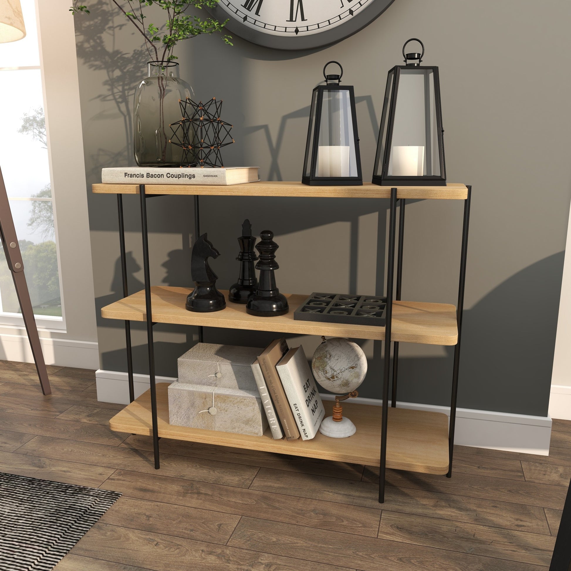 Beige Wood Rounded Rectangular 2 Shelf Living Room Console Table with Slim Black Metal Legs
