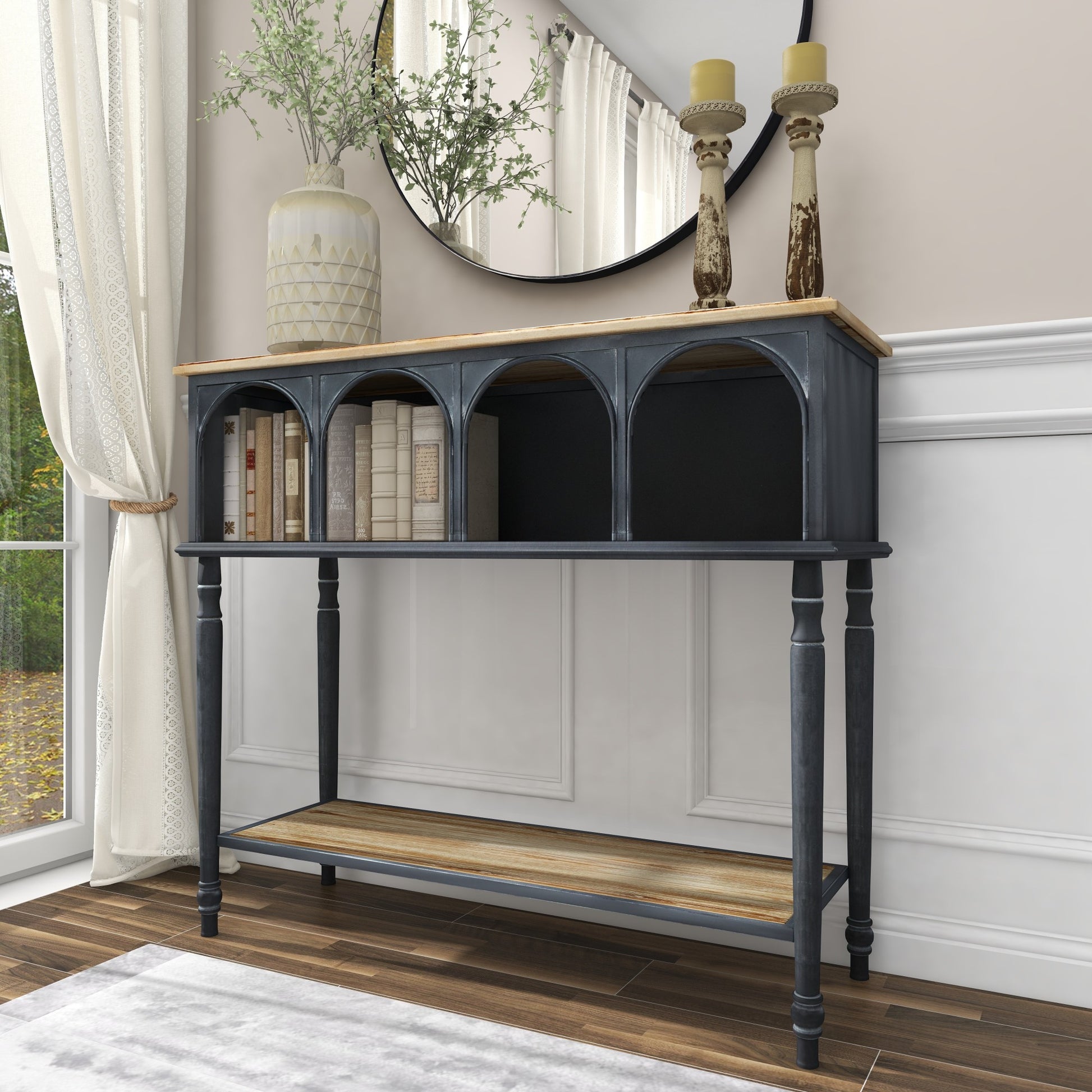 Black Metal Arched 2 Shelf and 4 Cubby Living Room Console Table with Brown Wood Shelves