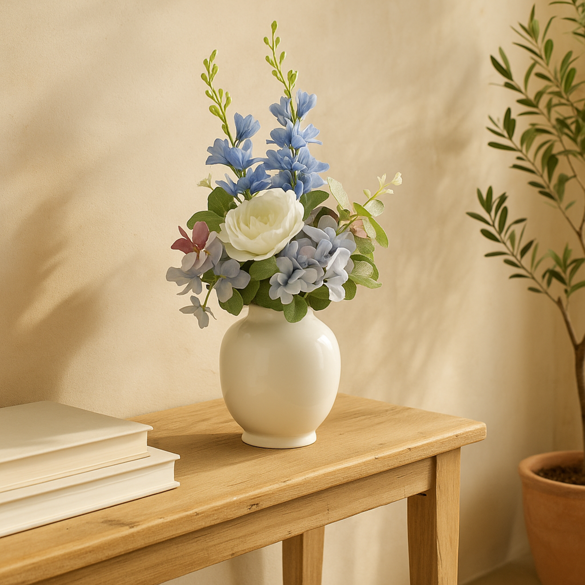 Hydrangea and Pom Pom White Fabric Indoor Outdoor Artificial Flower with Green Leaves and Round Ceramic Vase