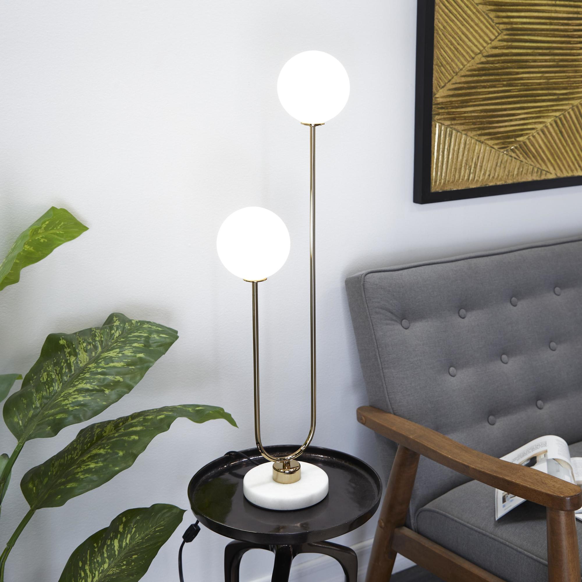 Gold Metal Curved Orb 2 Light Room Table Lamp with White Glass Shades and Marble Base