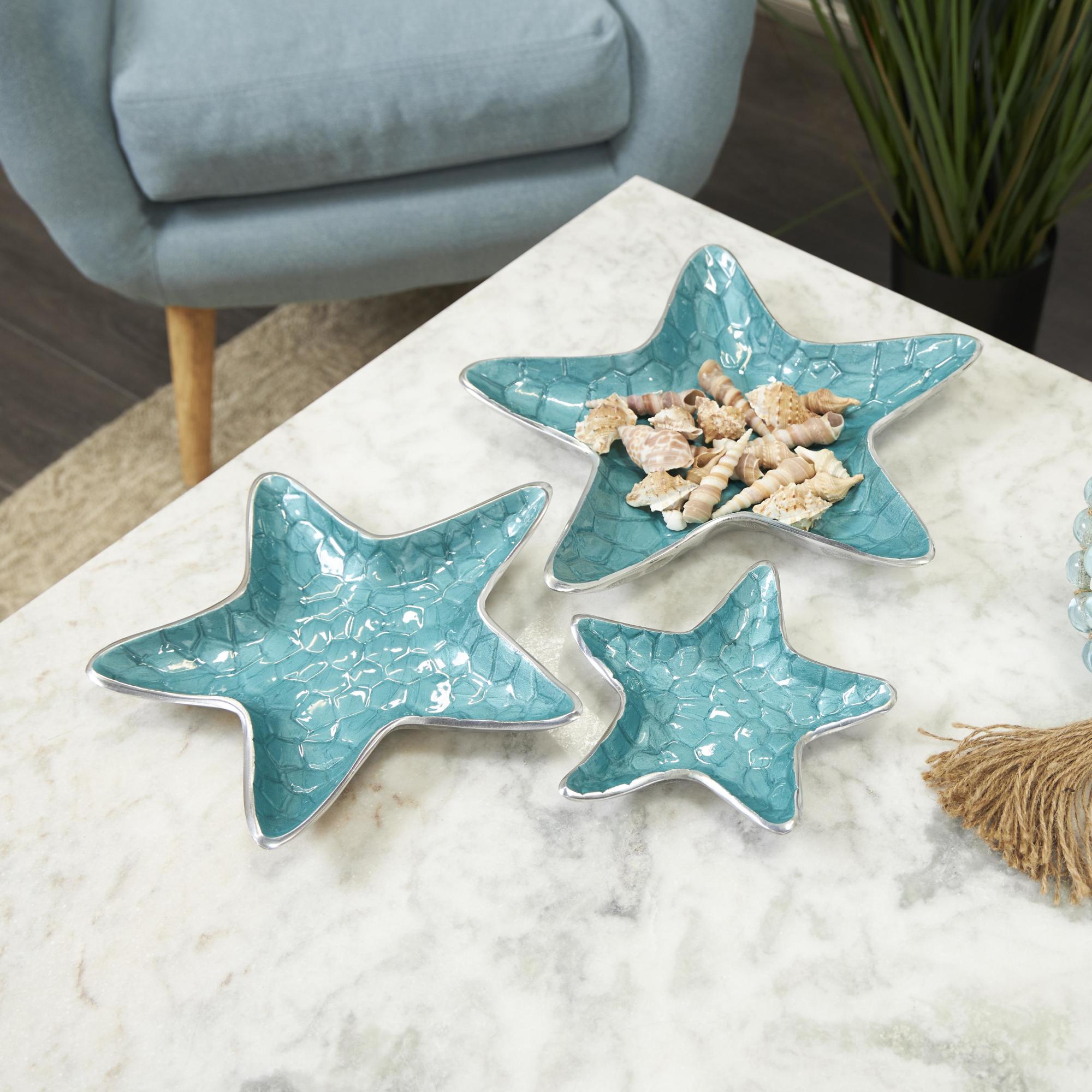 Set of 3 Starfish Aluminum Metal Handmade Textured Enameled Large Decorative Bowl with Silver Base