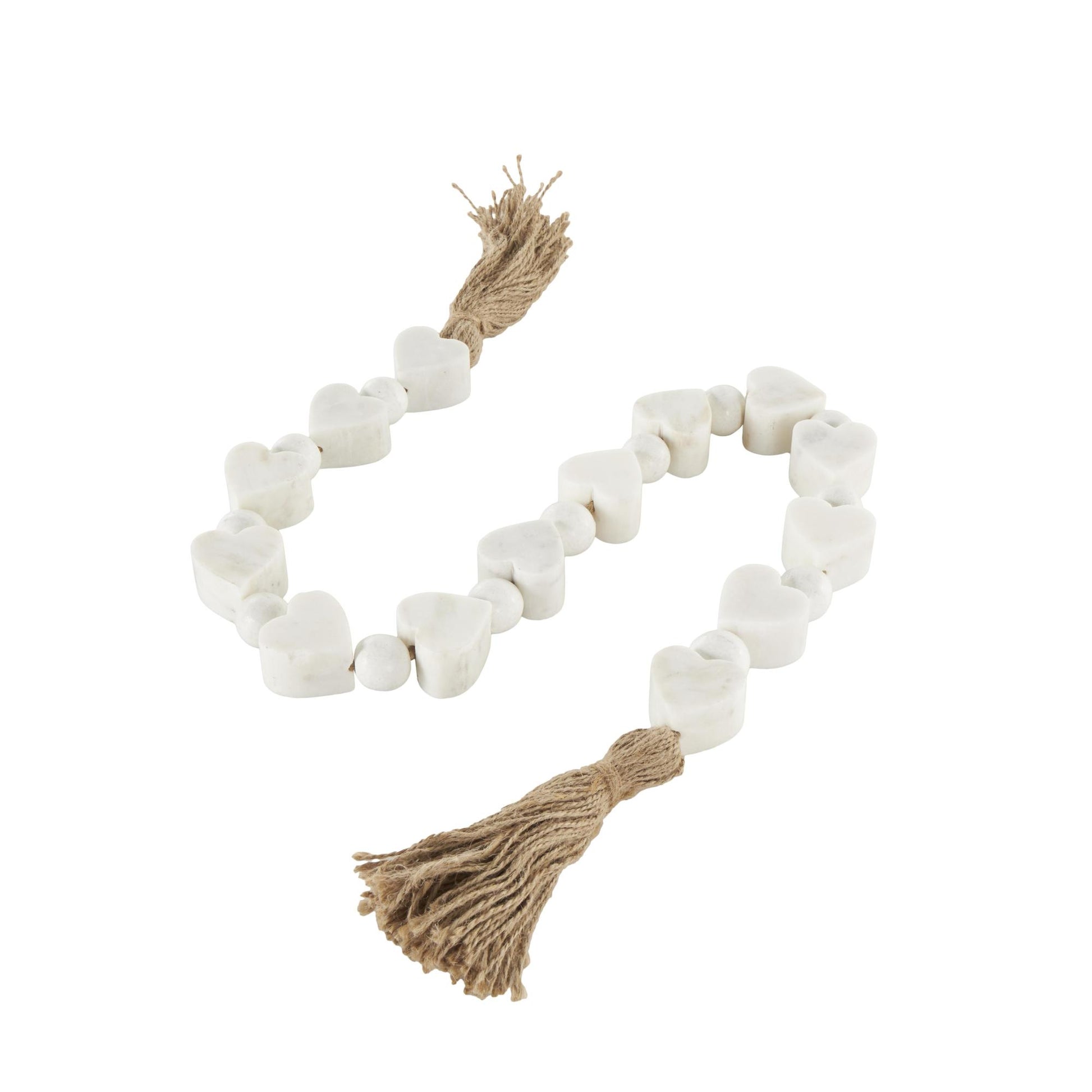 Heart White Marble Handmade Beaded Garland with Tassel with Knotted Brown Jute