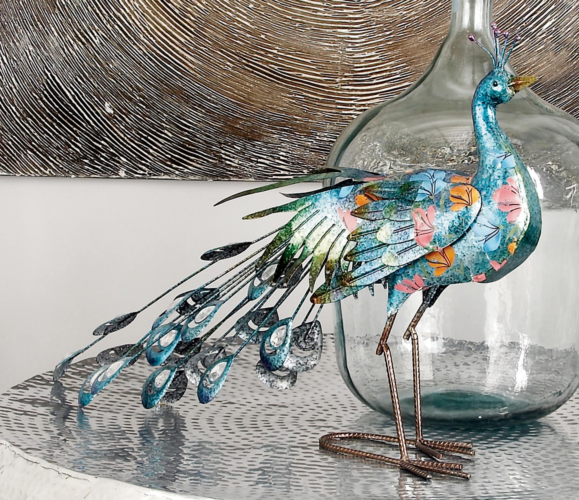 Peacock Teal Metal Indoor Outdoor Decorative Garden Sculpture with Crystal Accents