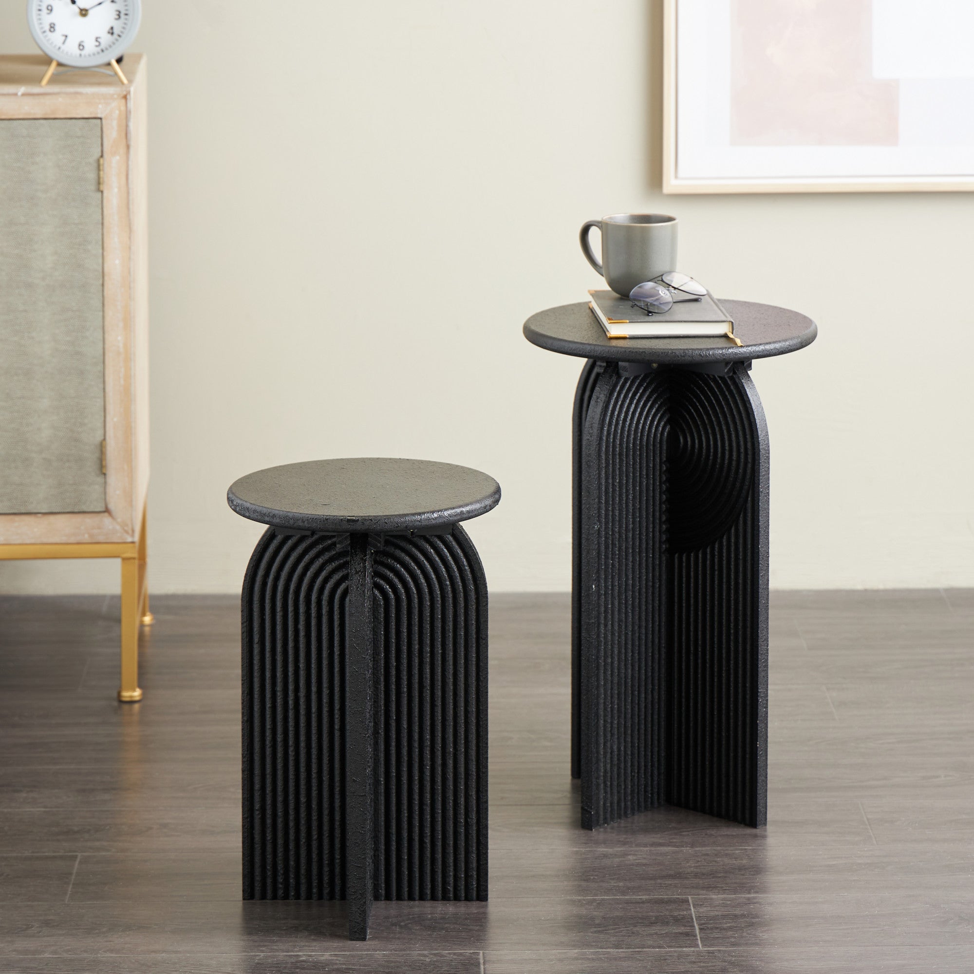 Set of 2 Geometric Black Wood Sandstone Carved Art Deco Arched Pedestal Side End Accent Table