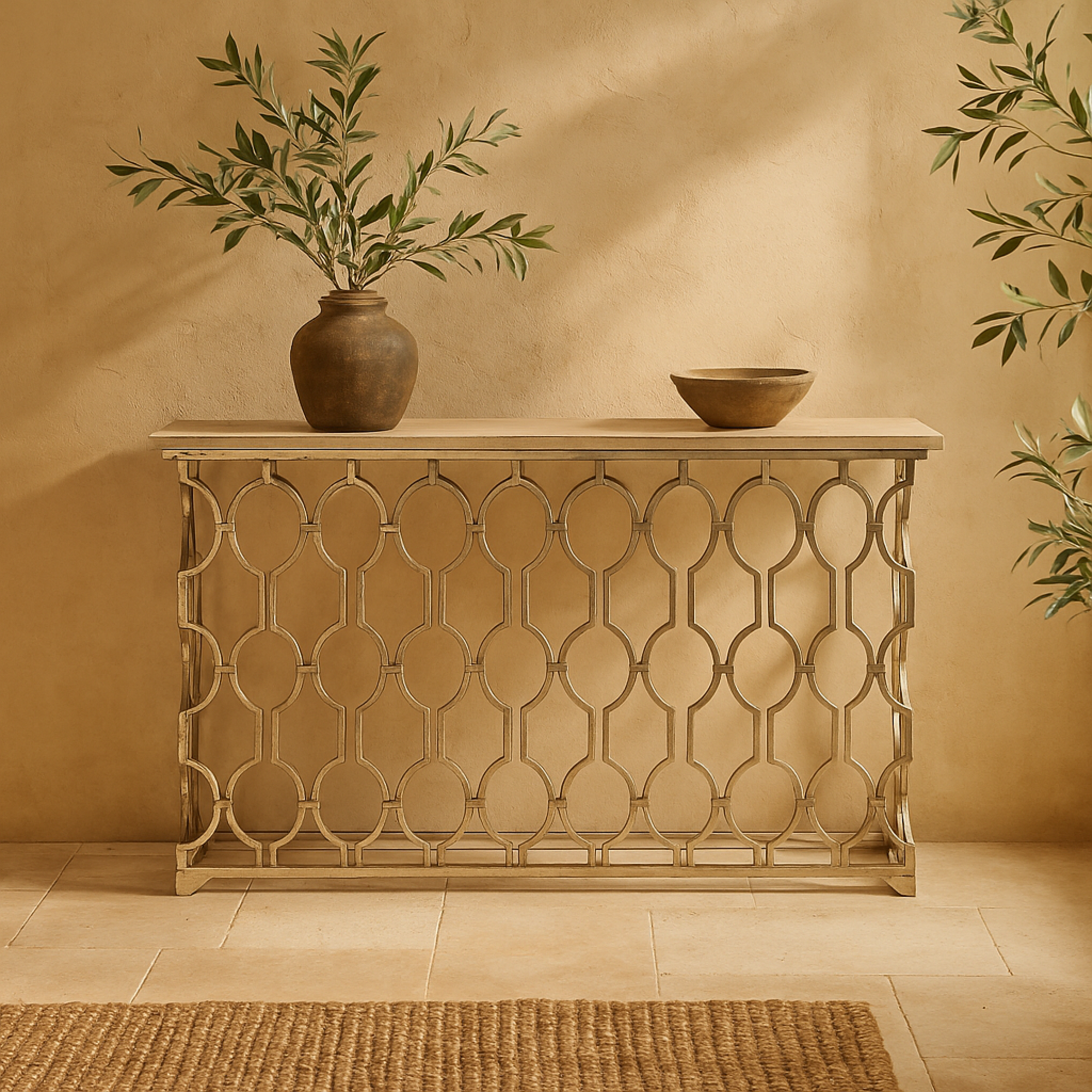 Geometric Silver Metal Rectangular Living Room Console Table with Mirrored Glass Top