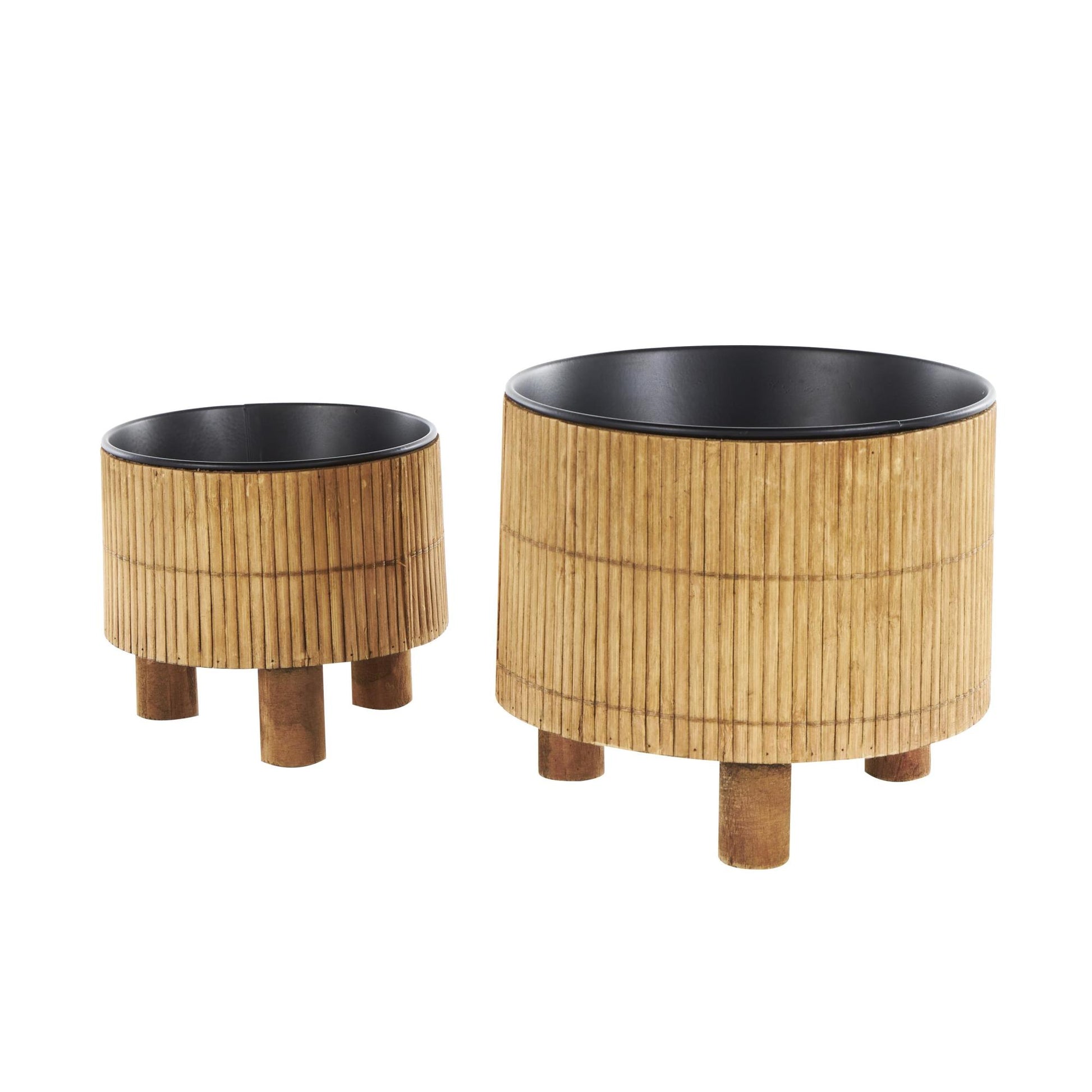 Set of 2 Brown Bamboo Wood Handmade Indoor Planter with Black Metal Interior