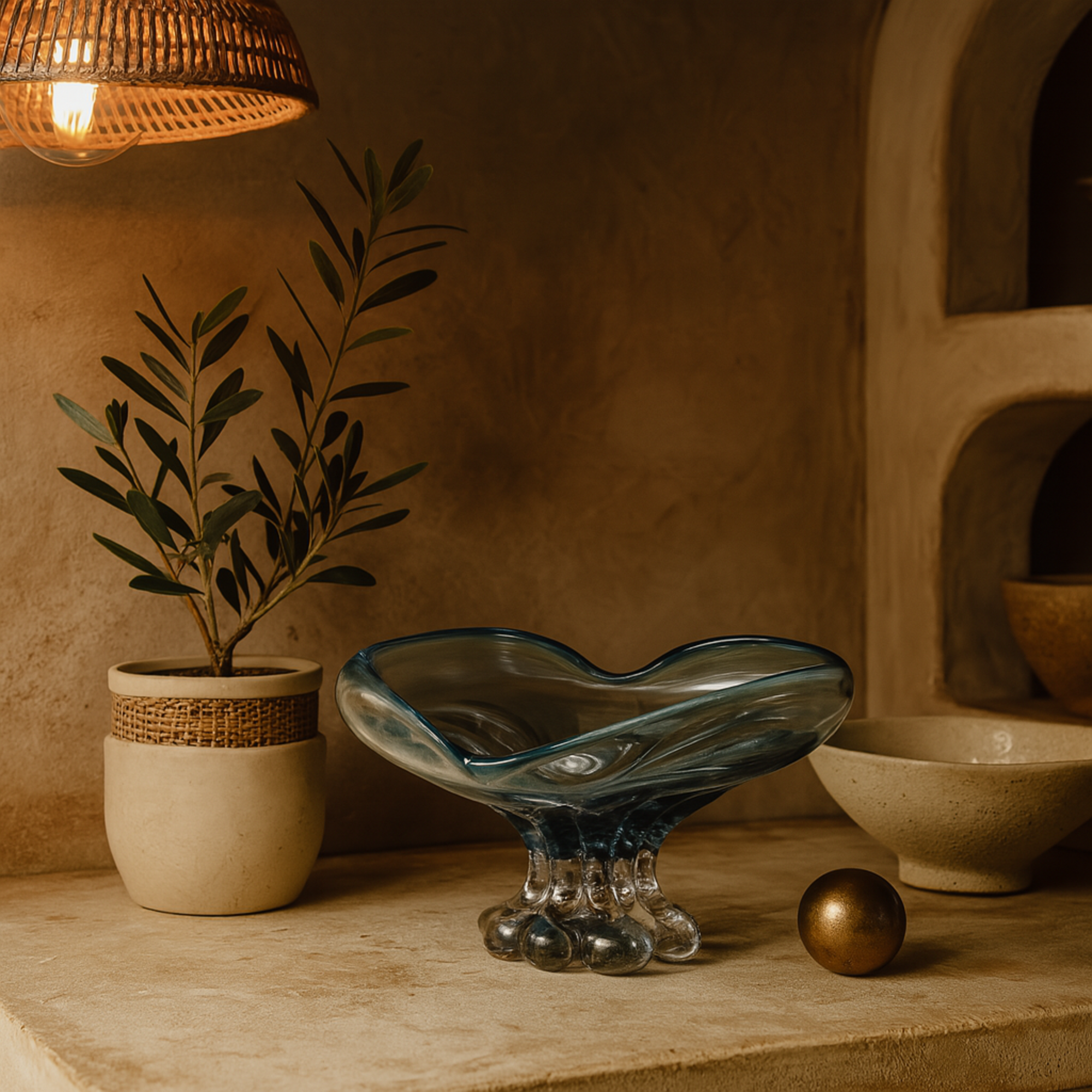 Heart Blue Glass Ombre Large Decorative Bowl with Folded Curve Opening and Scalloped Base