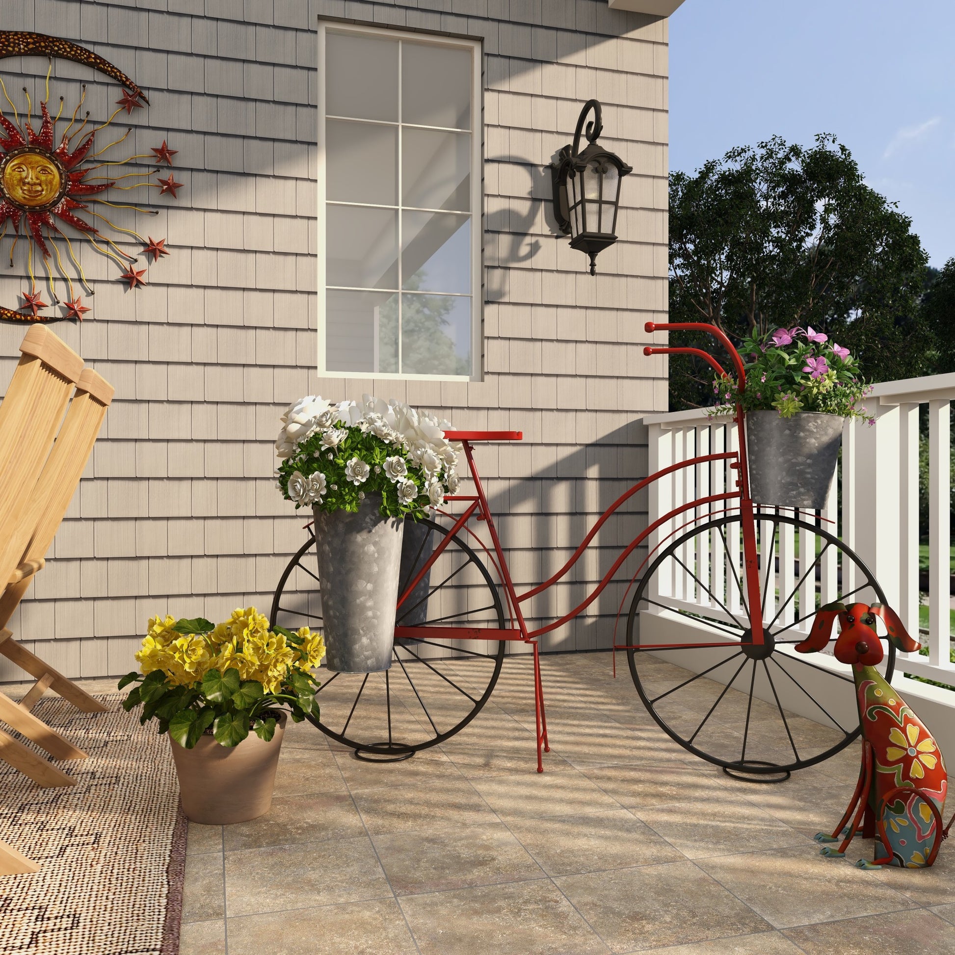 Bike Red Metal Indoor Outdoor Plantstand with Silver Basket and Saddle Bag Planters