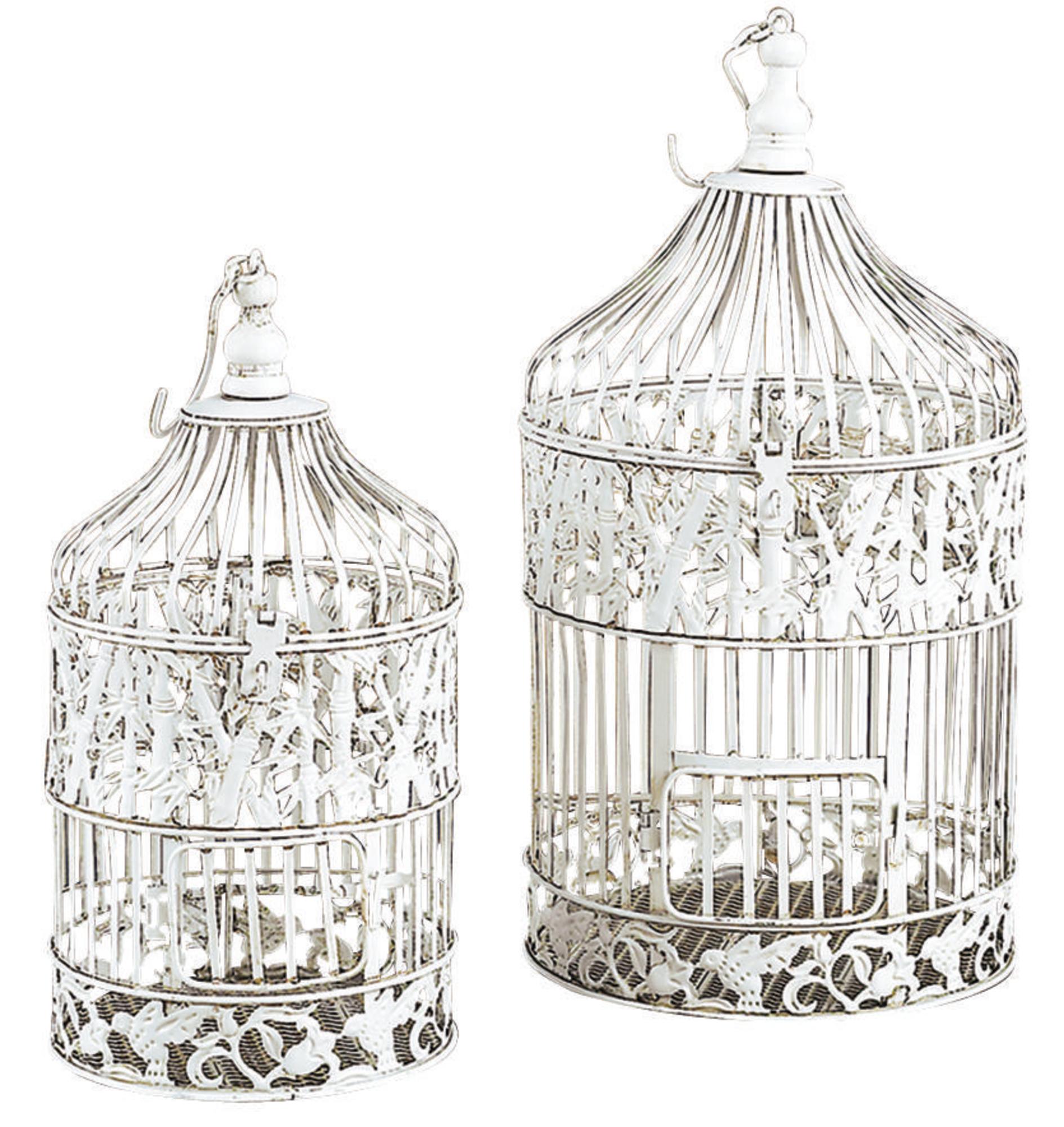 Set of 2 White Metal Indoor Outdoor Hinged Top Decorative Birdcage with Latch Lock Closure and Hanging Hook