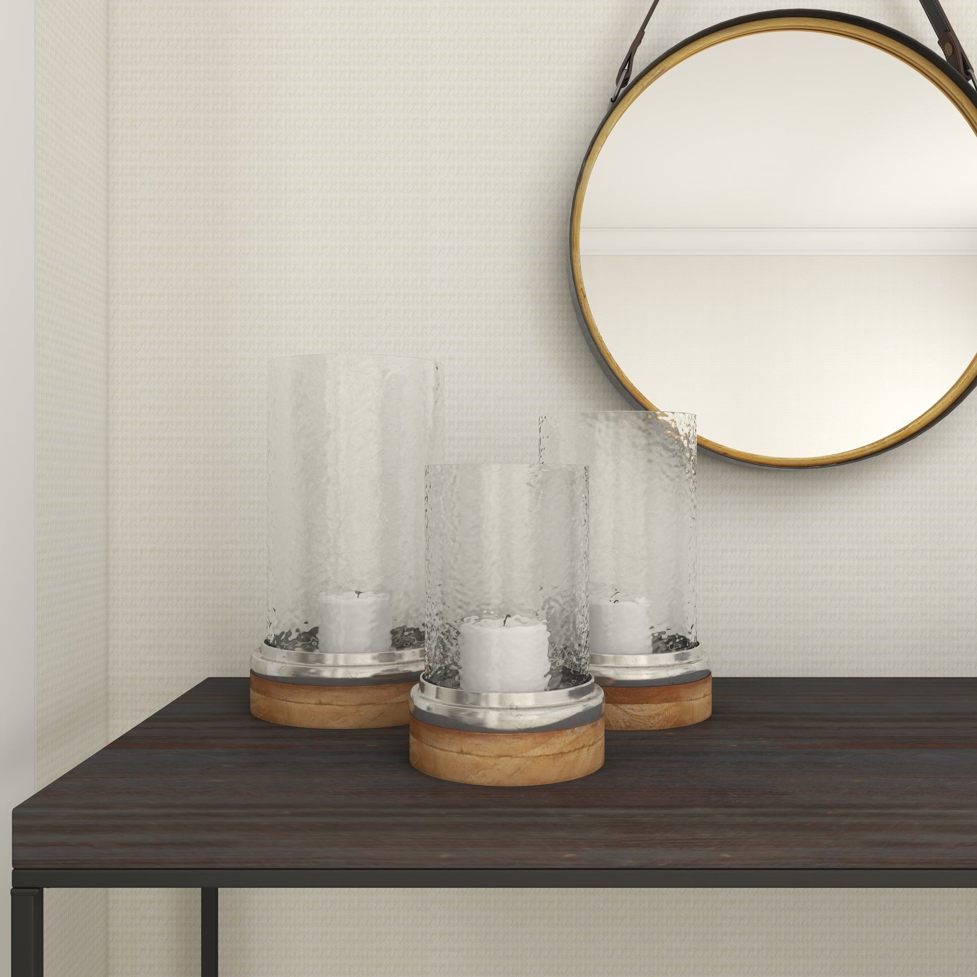 Set of 3 Brown Wood Pillar Room Hurricane Lamp with Glass Candle Holders