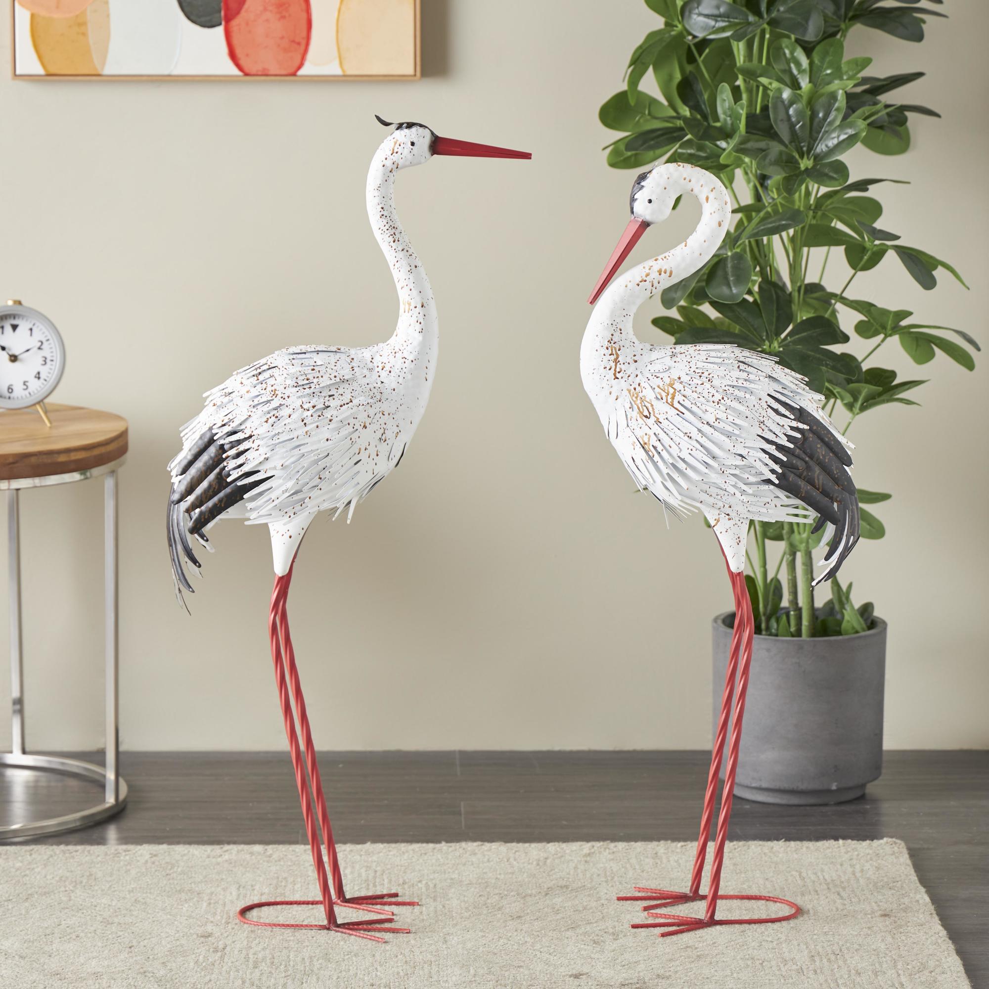Set of 2 Crane White Metal Tall Decorative Garden Sculpture with Brown Speckled Texture and Red Accents