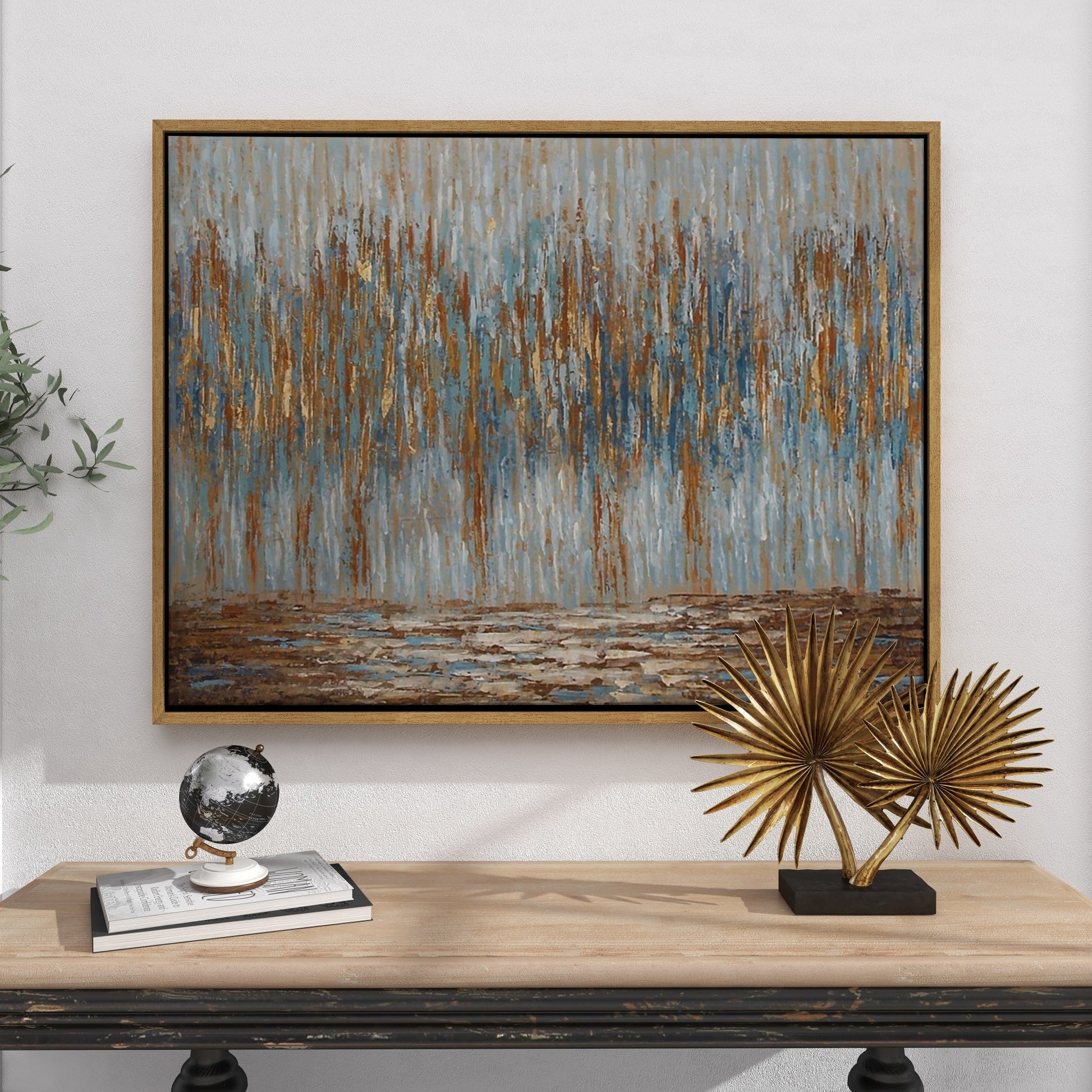 Tree Blue Canvas Abstract Living Room Framed Wall Art with Gold and Copper Accents