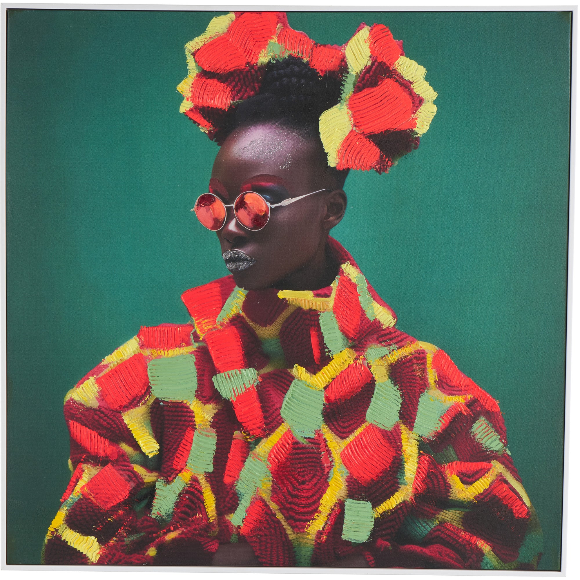 Woman Green Canvas Chic Living Room Framed Wall Art with Red and Yellow Dresswear
