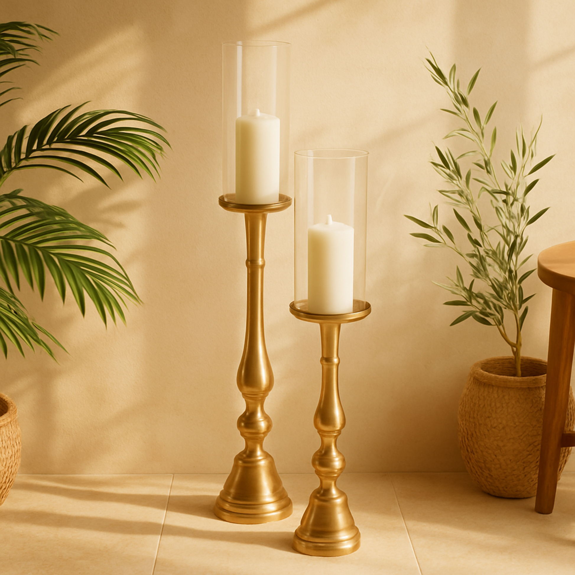 Set of 2 Gold Aluminum Metal Room Hurricane Lamp