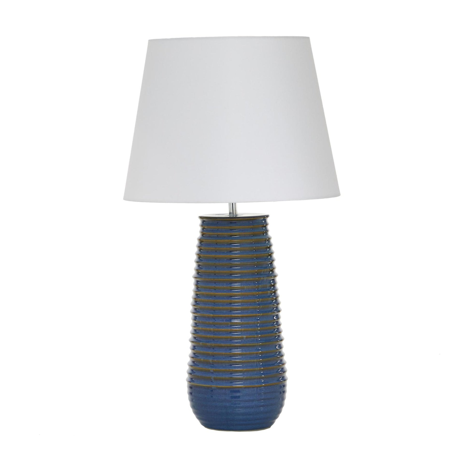 Blue Ceramic Ribbed Room Table Lamp with Drum Shade
