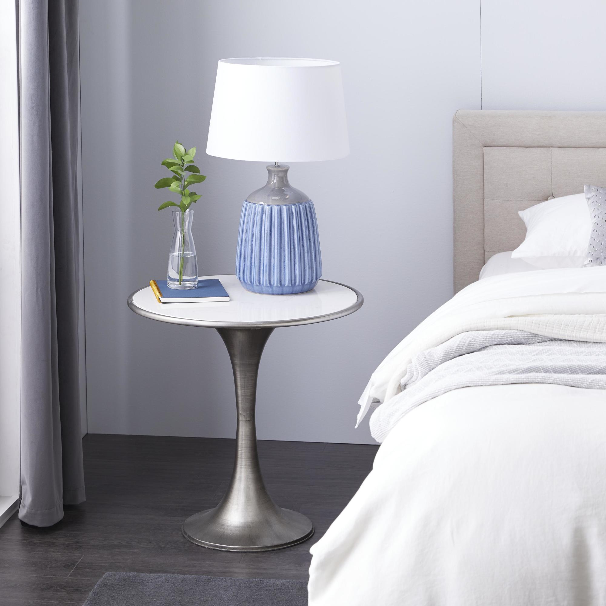 Silver Metal Side End Accent Table with White Marble Top