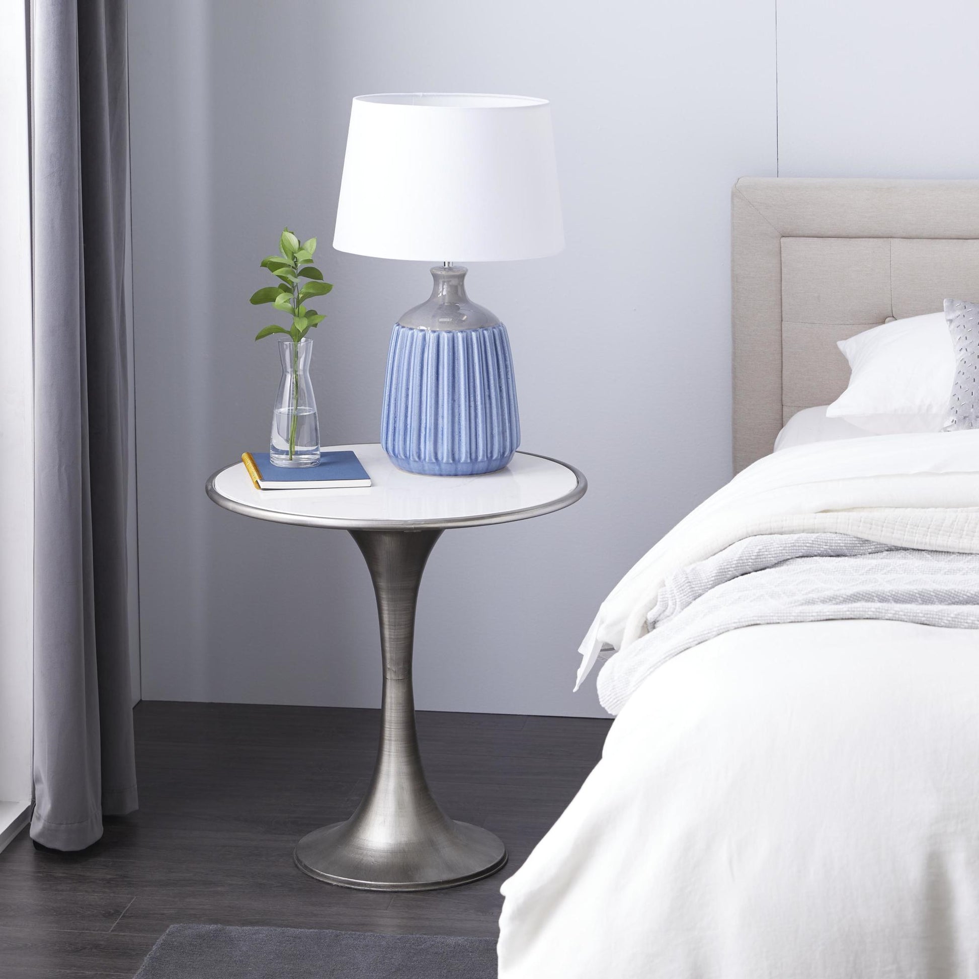 Silver Metal Side End Accent Table with White Marble Top