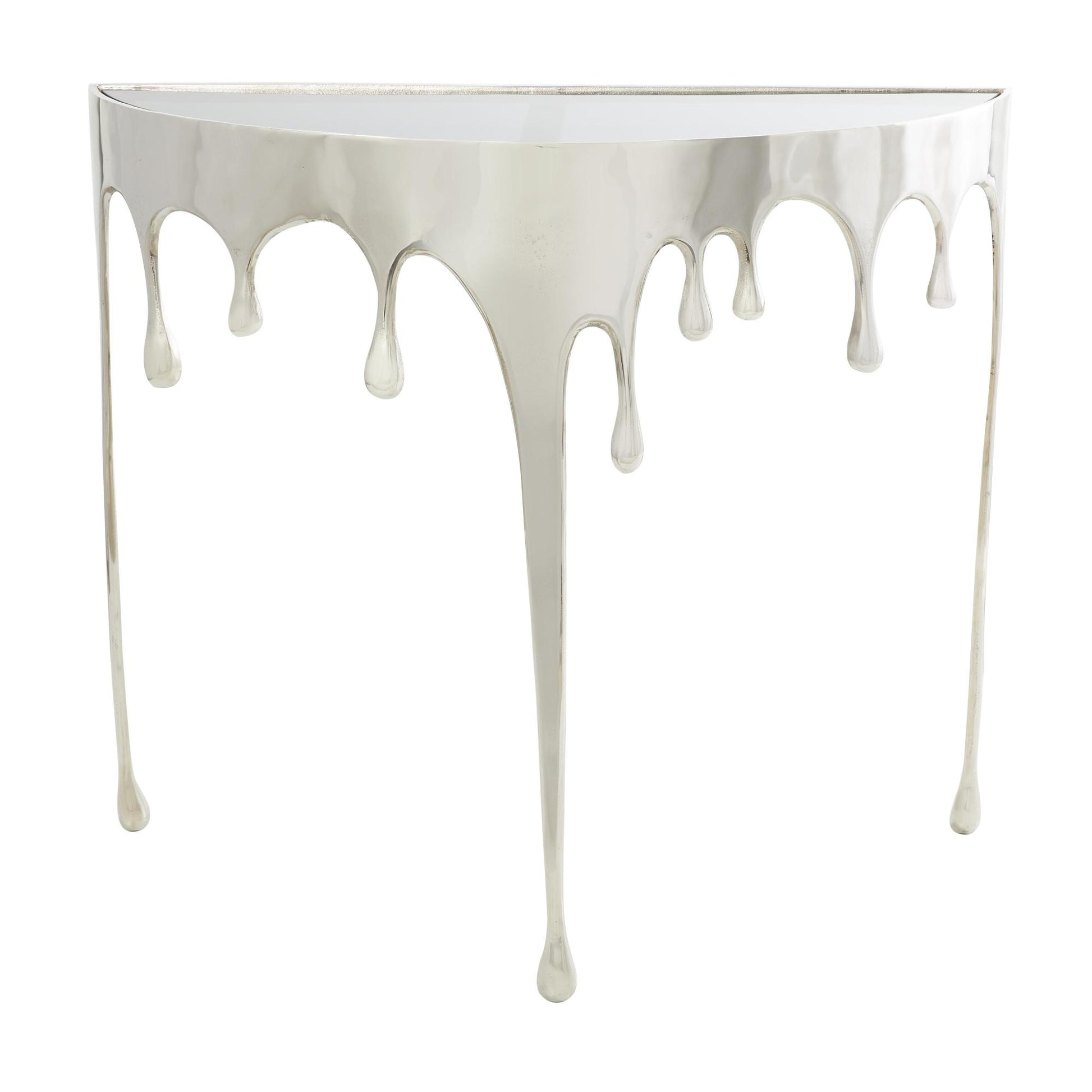 Abstract Aluminum Metal Crescent Drip Living Room Console Table with Melting Design Legs and Glass Top