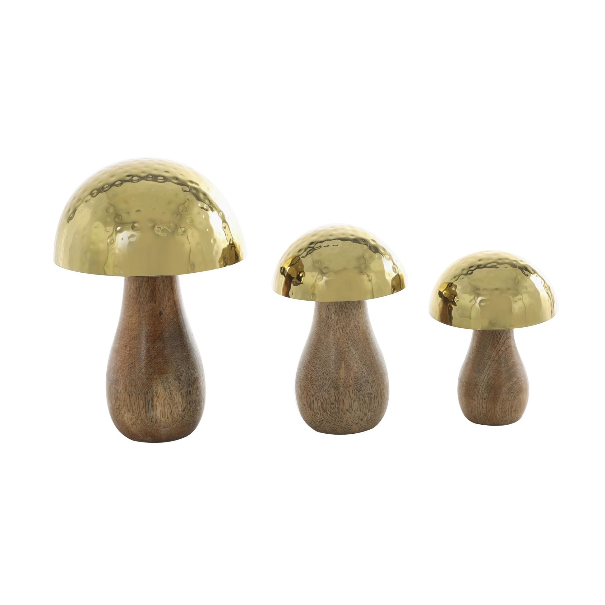Set of 3 Mushroom Stainless Steel Metal Handmade Hammered Decorative Sculpture with Brown Wood Bases