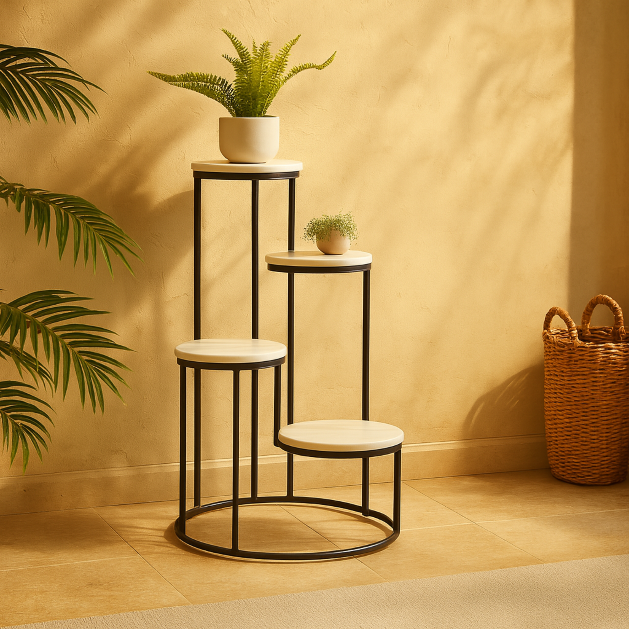 White Marble 4 Tier Indoor Plantstand with Black Base