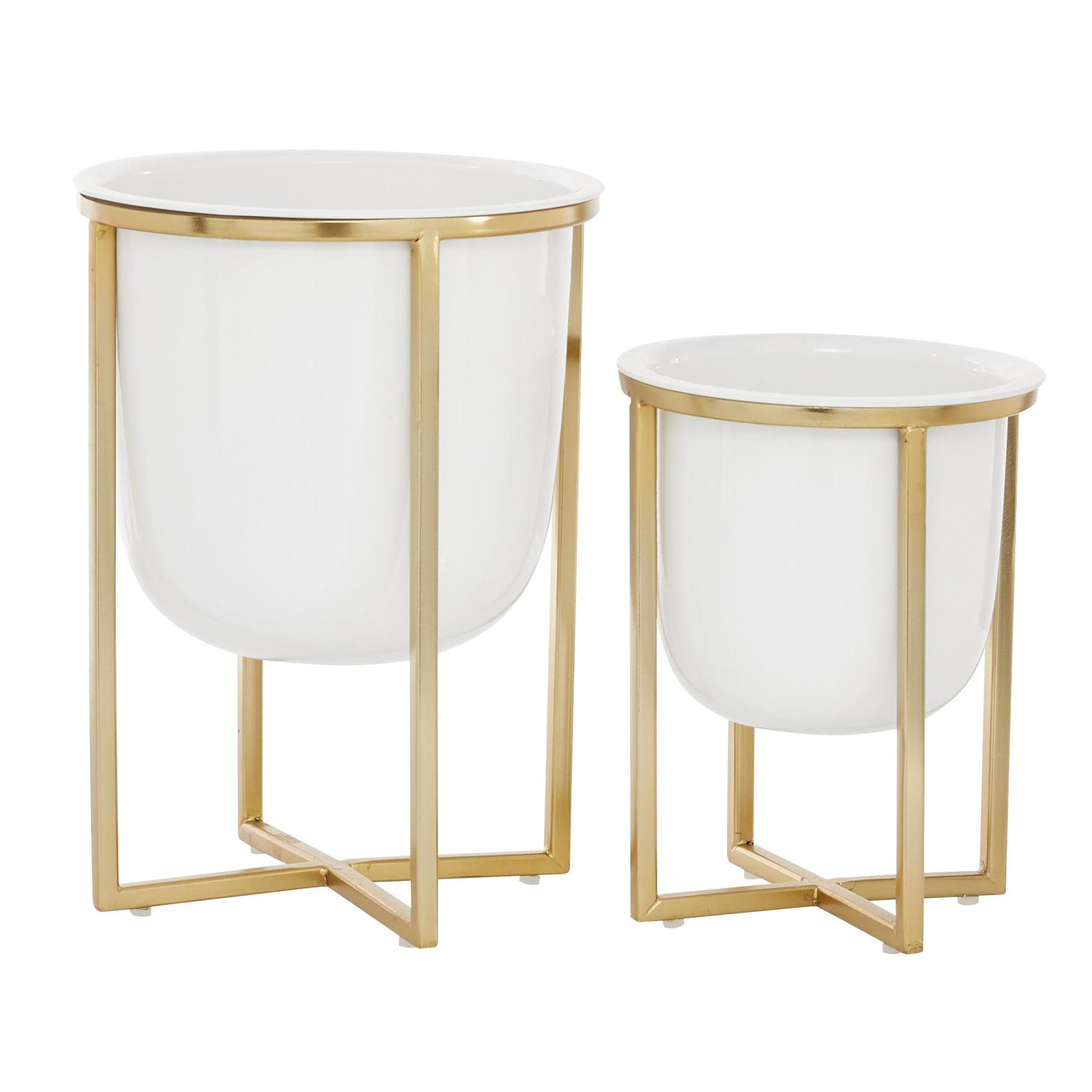 CosmoLiving by Cosmopolitan Set of 2 White Metal Dome Indoor Outdoor Planter with Gold X-Shaped Stands
