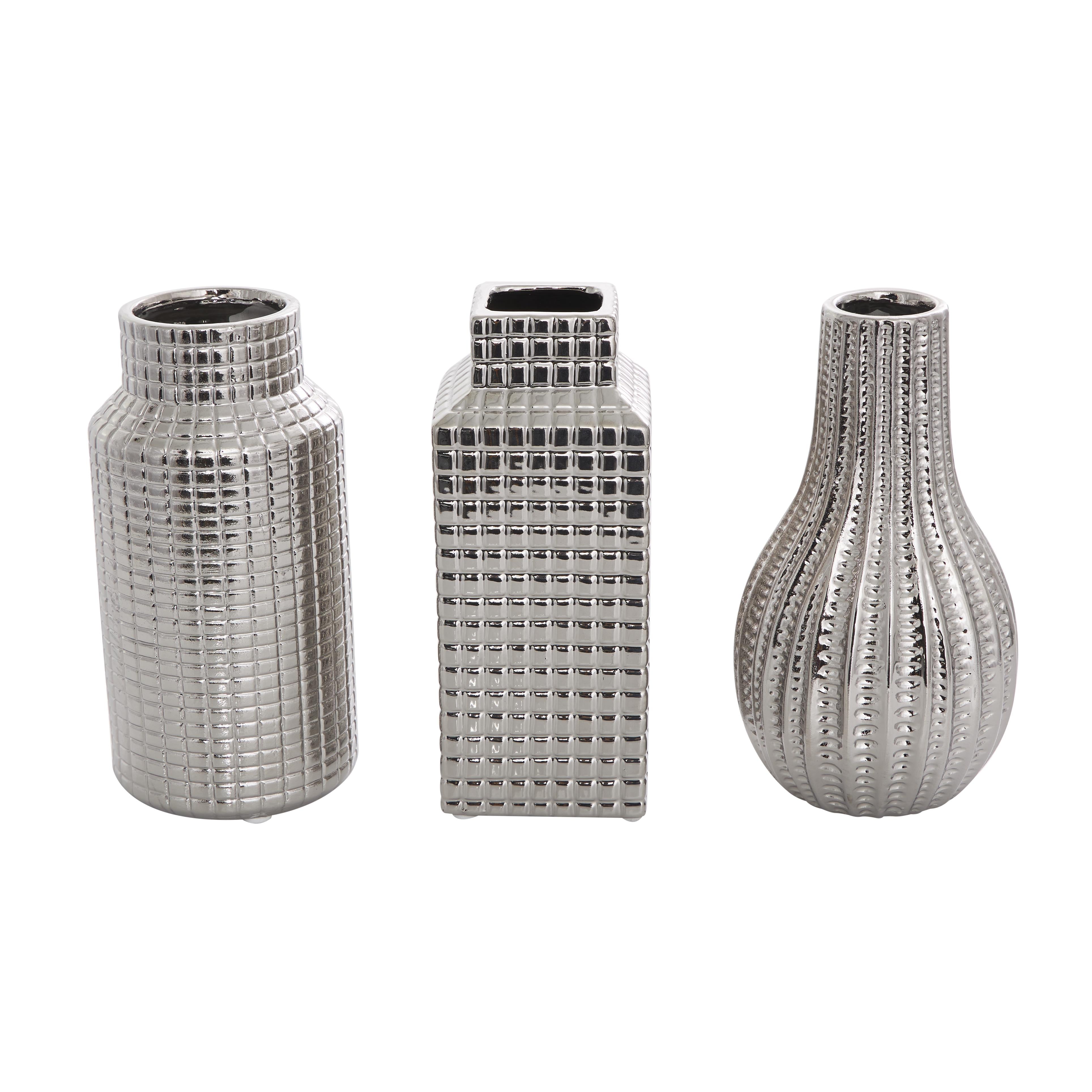 Set of 3 Geometric Ceramic Dimensional Textured Decorative Vase with Varying Shapes and Grid Patterns Set of 3 3"W, 8"H