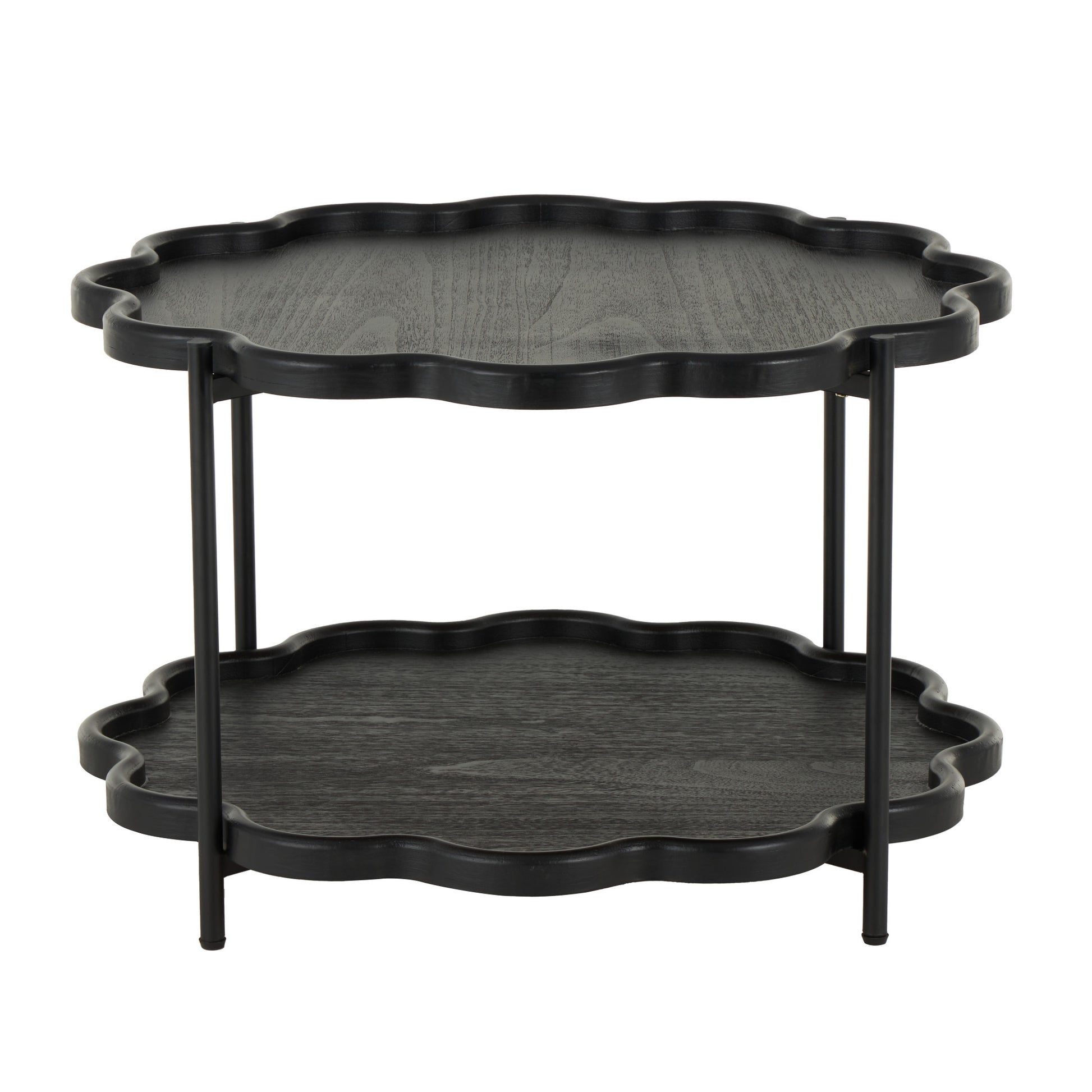Black Wood Floral Inspired 2 Level Accent Table with Metal Legs