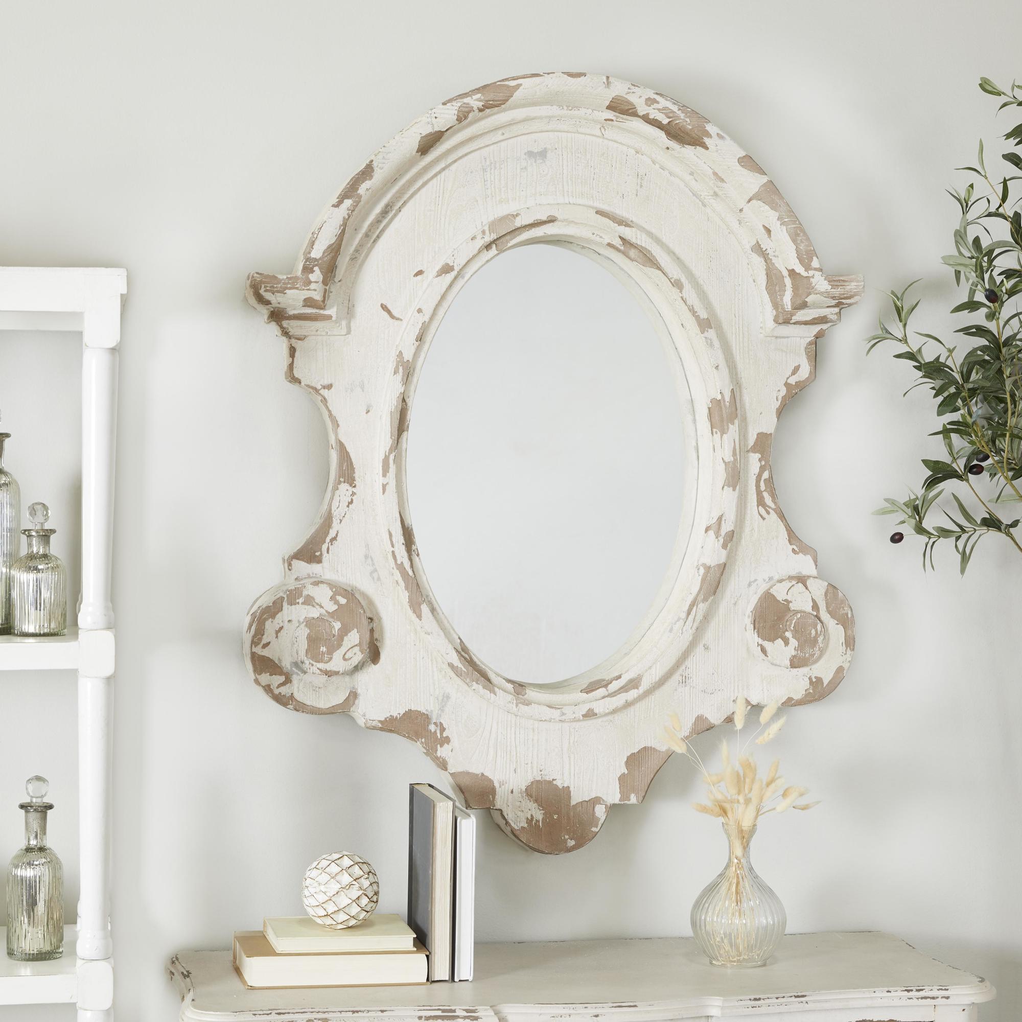 Scroll White Fiberglass Distressed Antique Arched Oval Room Wall Mirror
