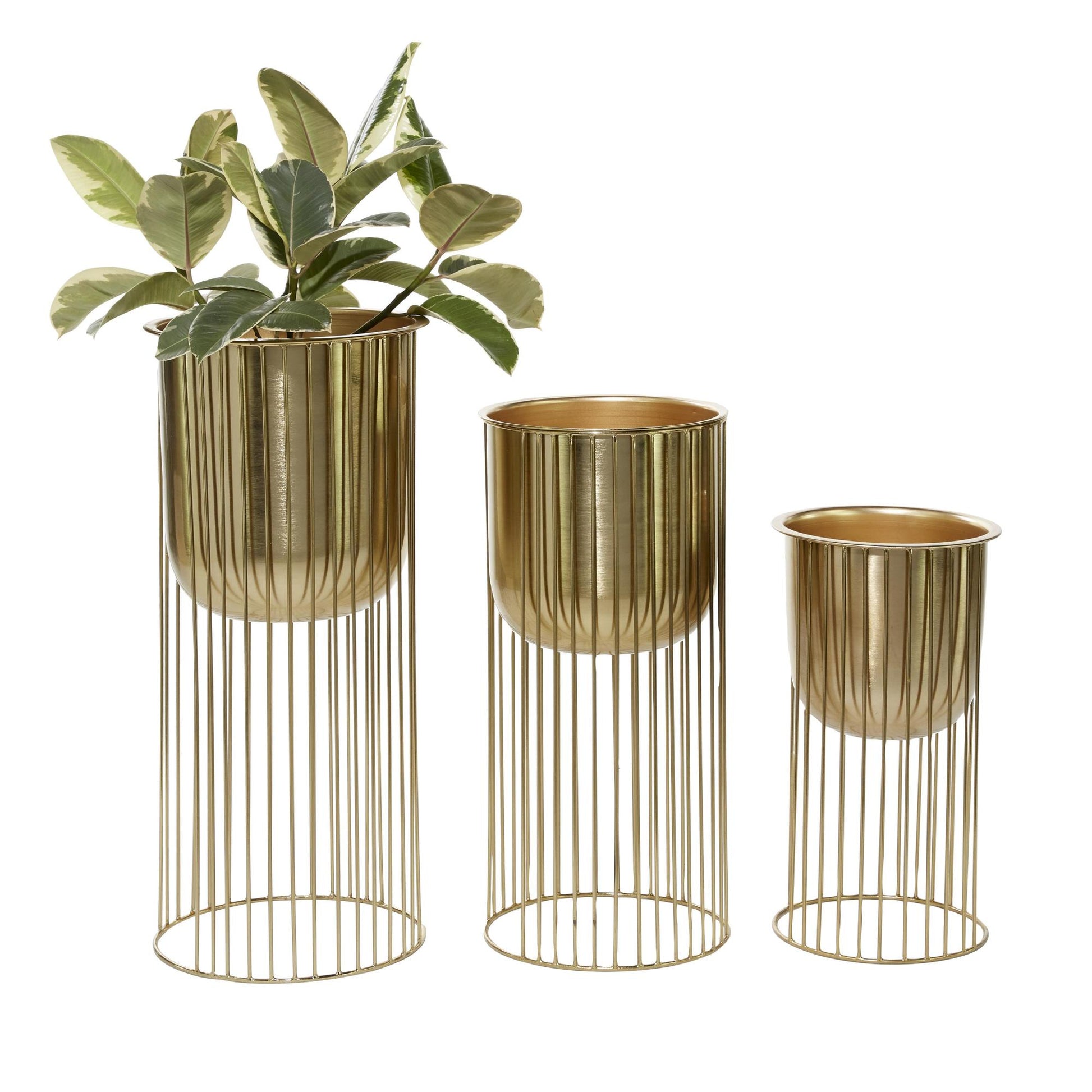 Set of 3 Gold Metal Deep Recessed Dome Indoor Outdoor Planter with Elevated Caged Stand