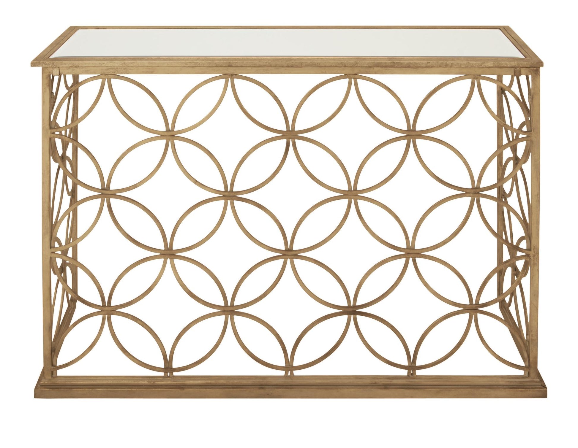 Geometric Gold Metal Weathered Living Room Console Table with Mirrored Glass Top