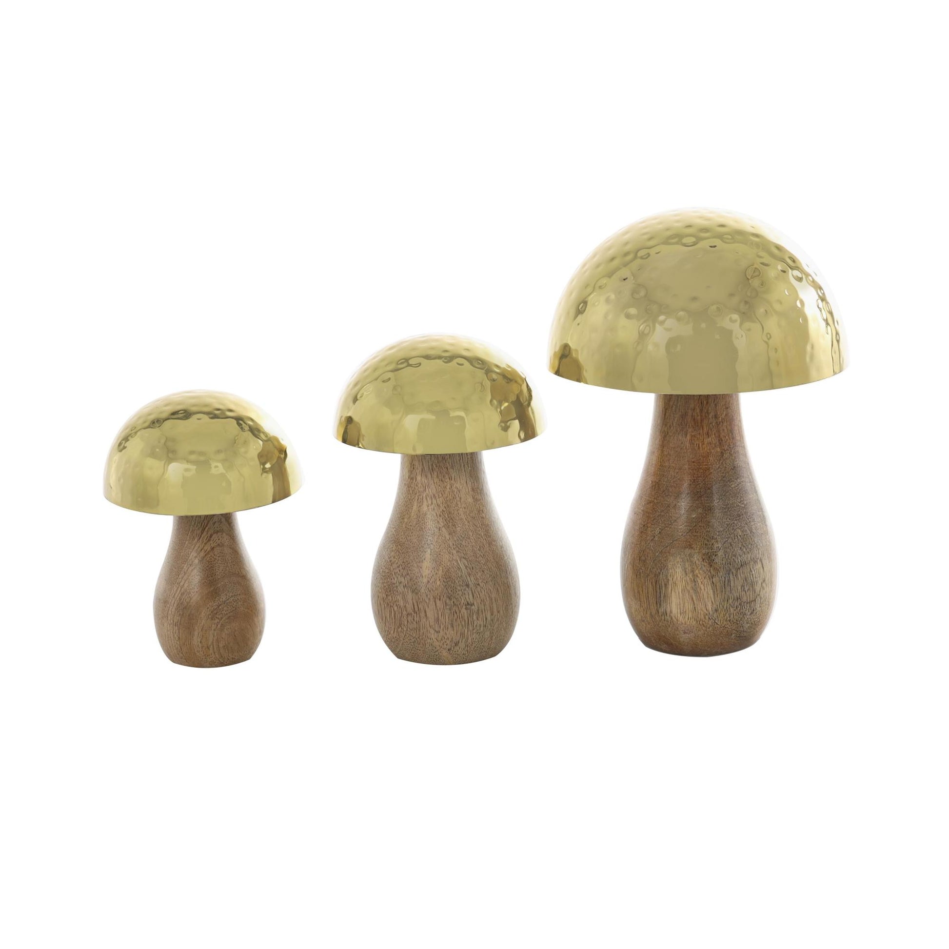 Set of 3 Mushroom Stainless Steel Metal Handmade Hammered Decorative Sculpture with Brown Wood Bases