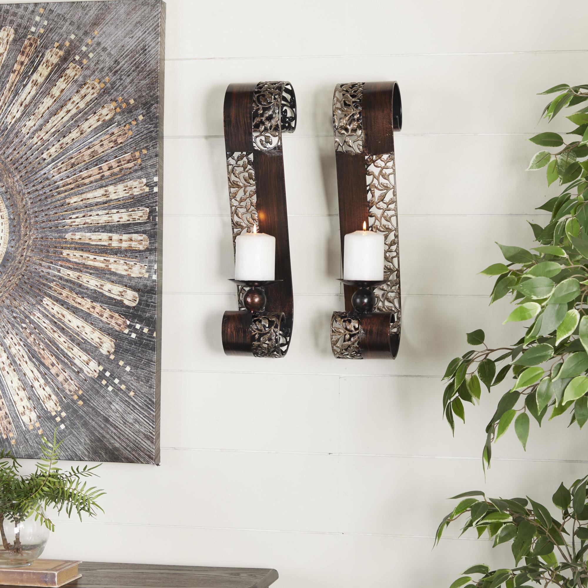 Set of 2 Leaf Brown Metal Cutout Indoor Outdoor Wall Sconce with Scrolled Edges