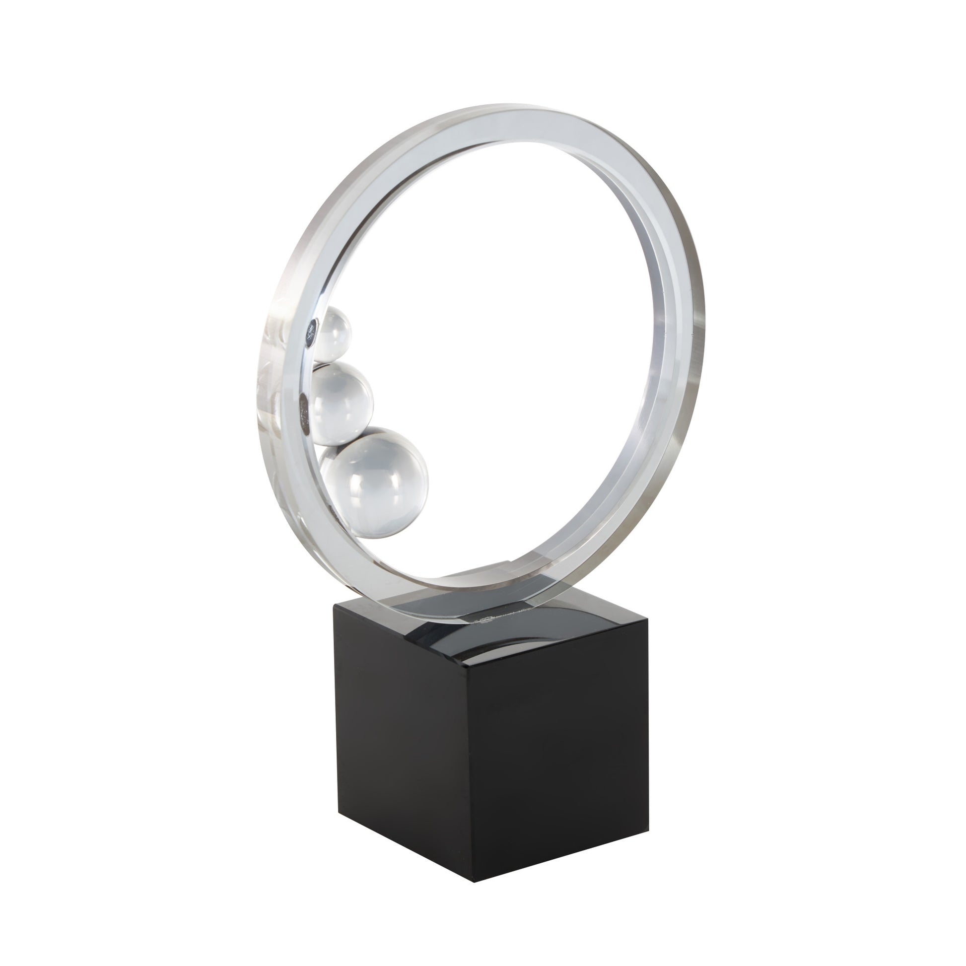 Abstract Clear Glass Ring Decorative Sculpture with Clear Orbs and Black Square Base
