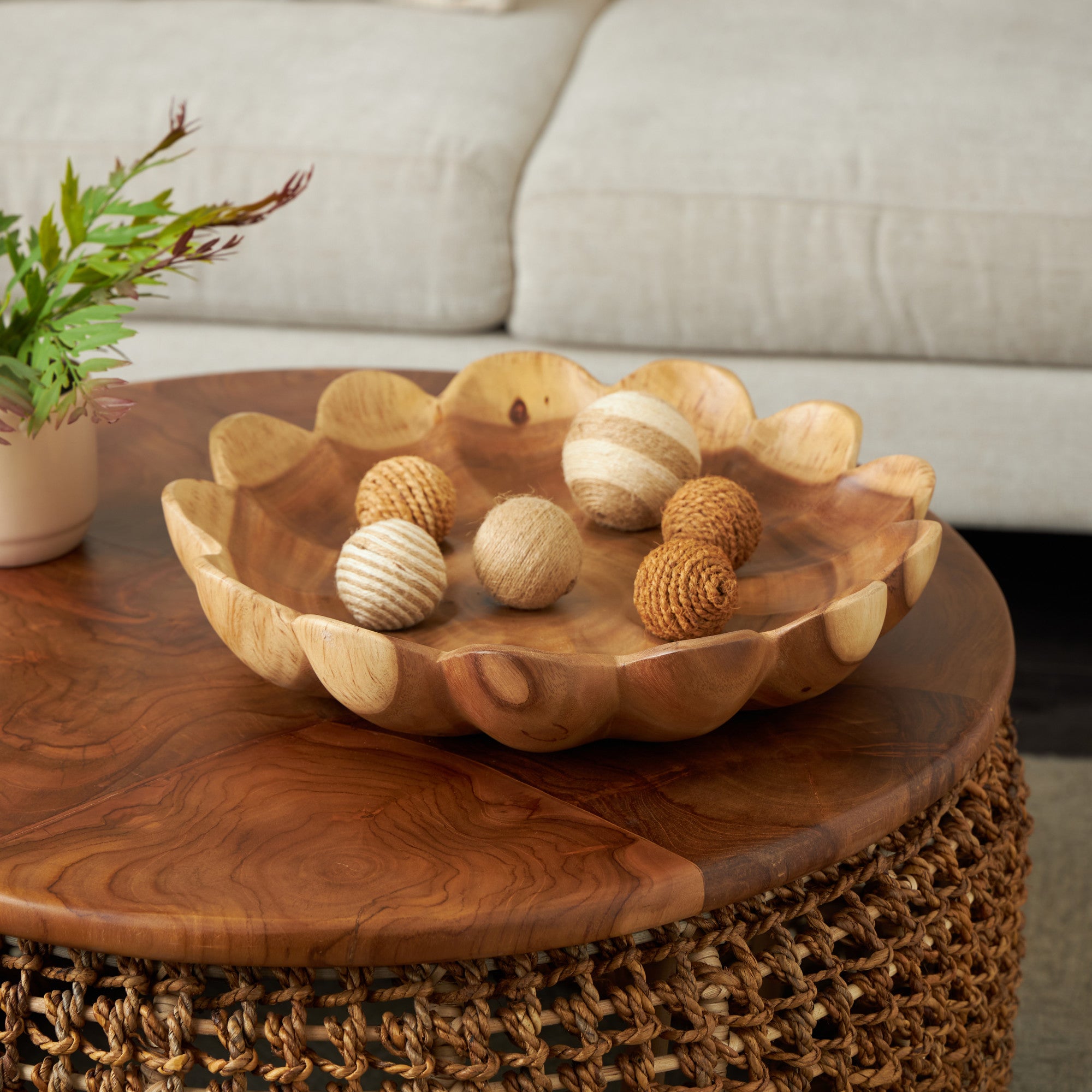 Floral Brown Teak Wood Handmade Large Decorative Bowl with Light Brown Tones