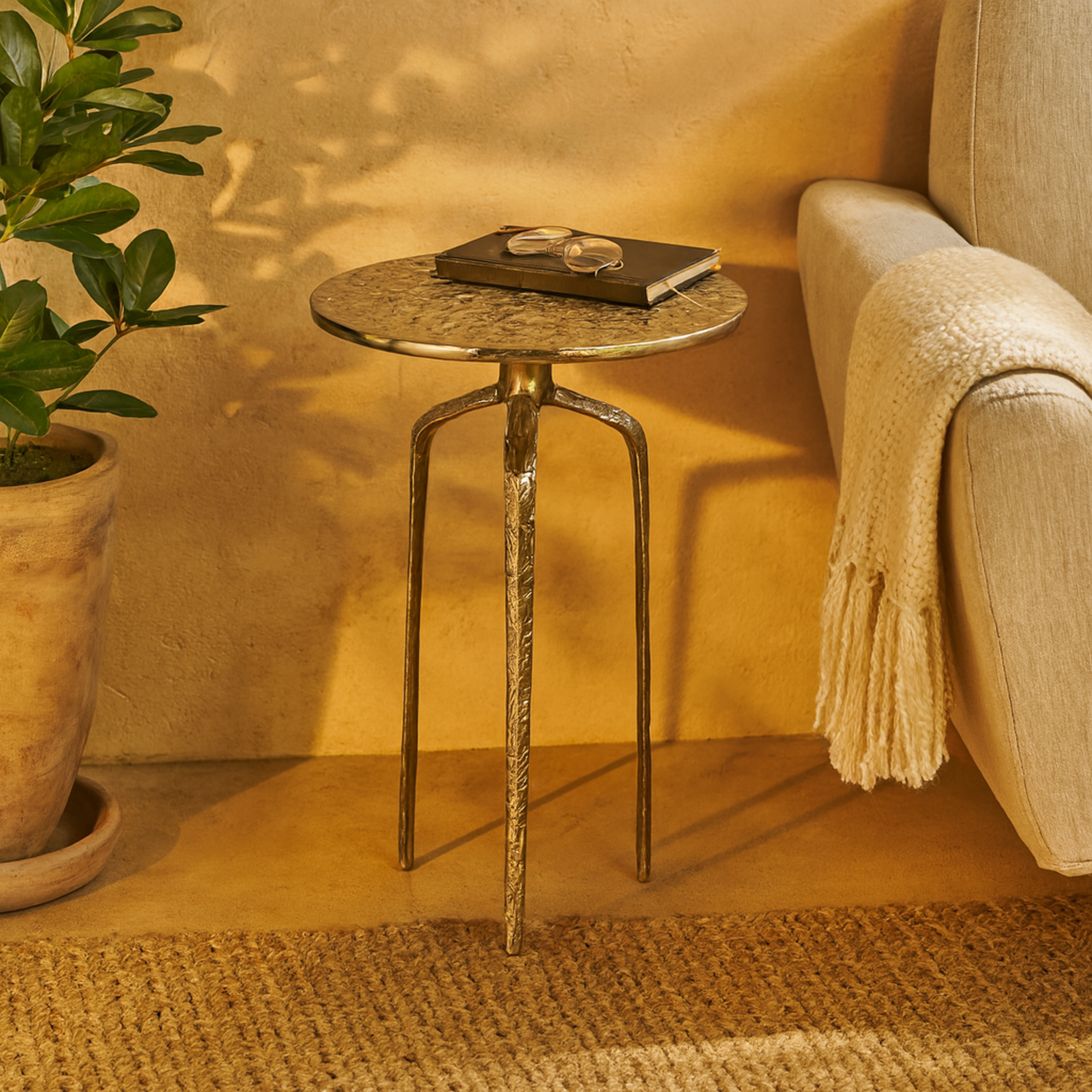 Geometric Aluminum Metal Slim Textured Side End Accent Table