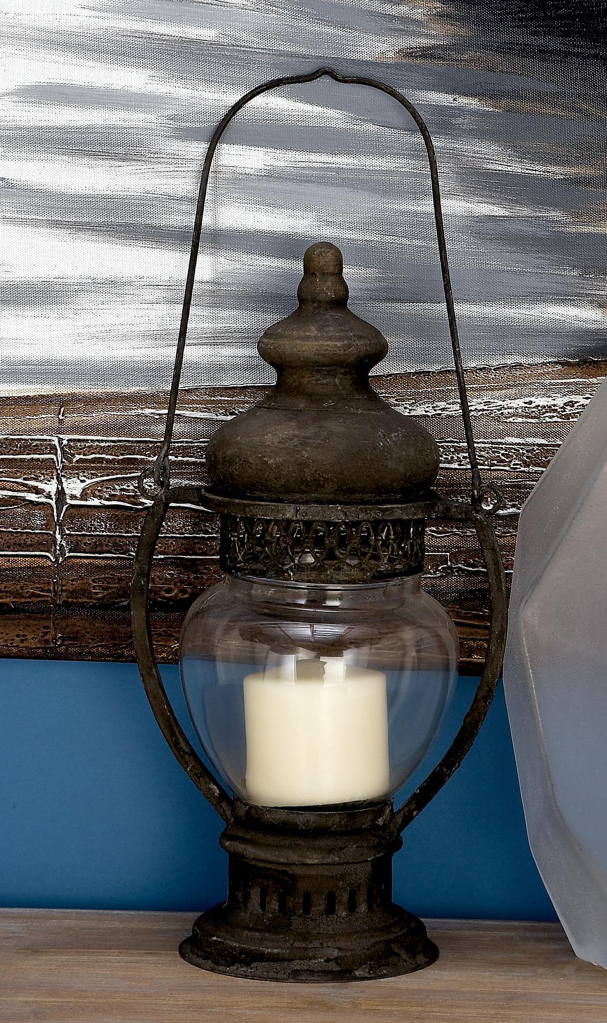 Brown Metal Decorative Indoor Outdoor Candle Lantern with Handle