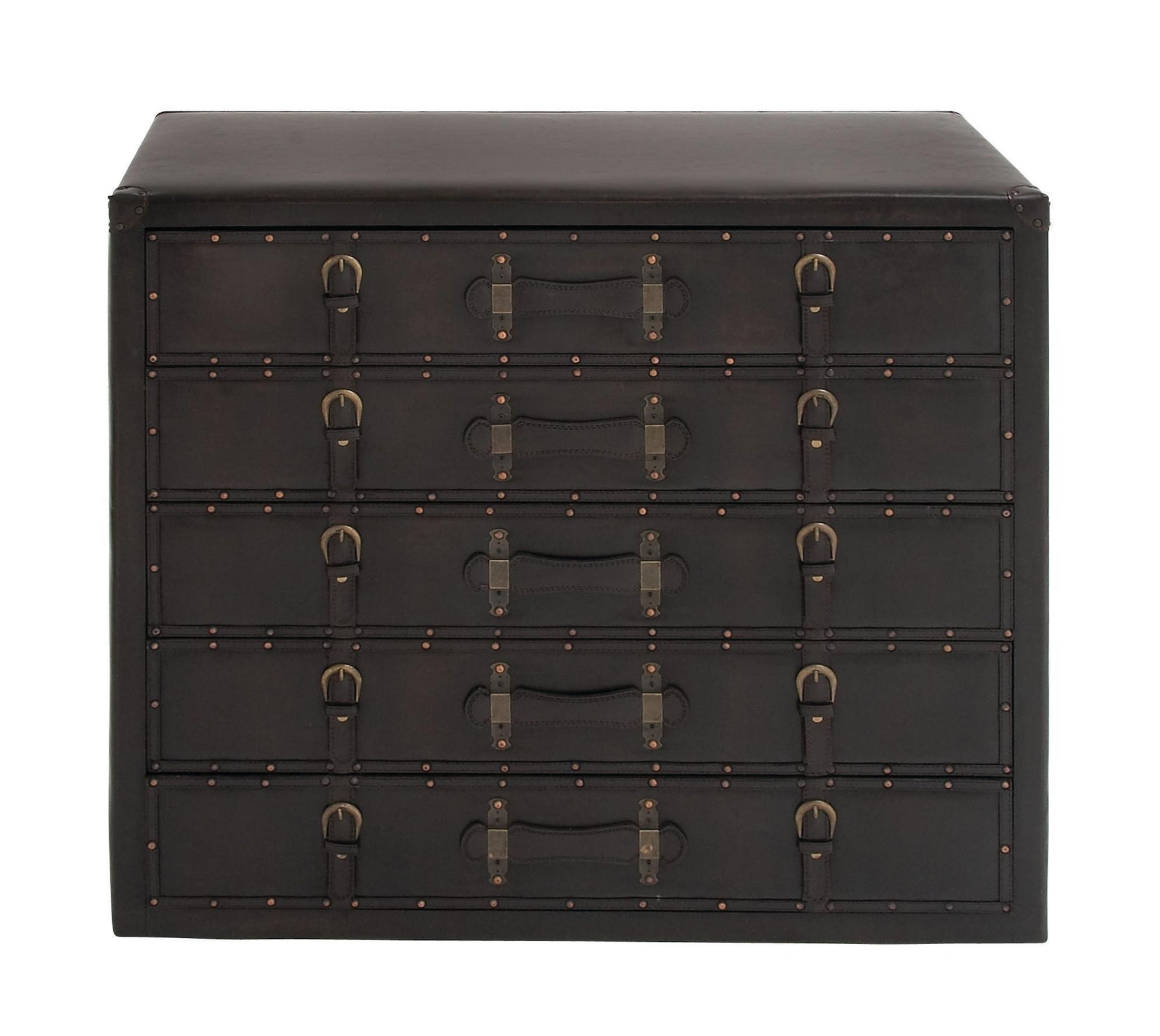 Black Faux Leather Vintage Trunk Room Chest with Gold Studs and Buckle Detailing