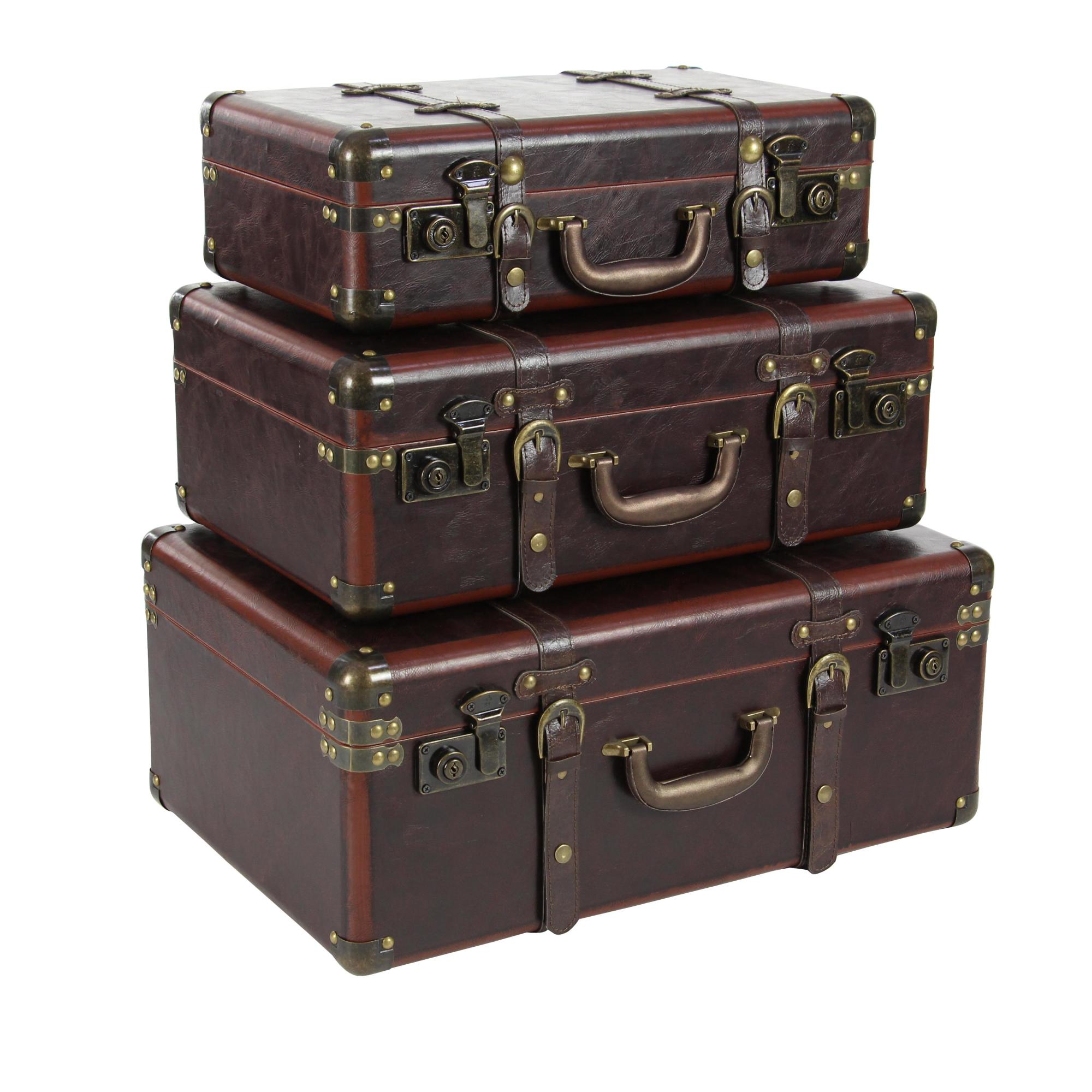 Set of 3 Brown Faux Leather Nesting Upholstered Decorative Trunk with Vintage Gold Accents and Studs