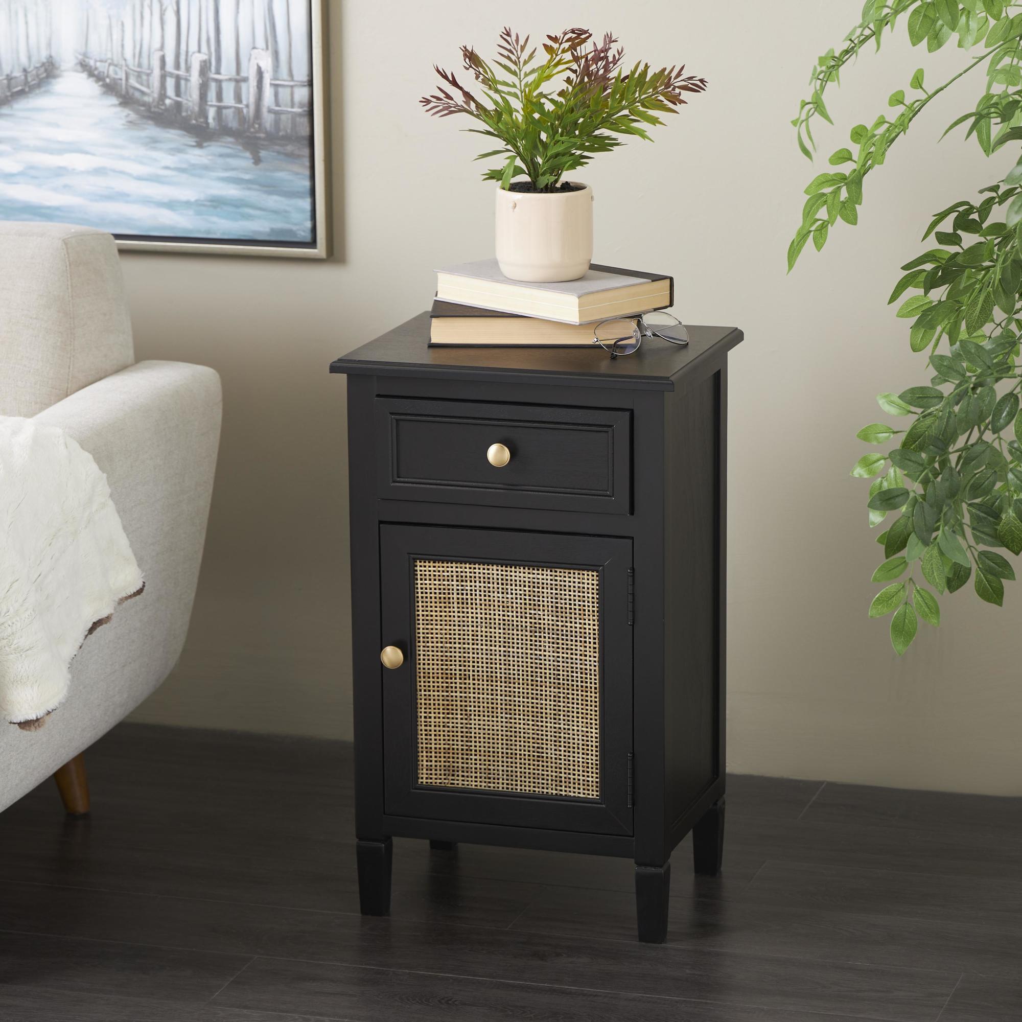 Black Wood Handmade 1 Door and 1 Drawer Room Cabinet with Rattan Front
