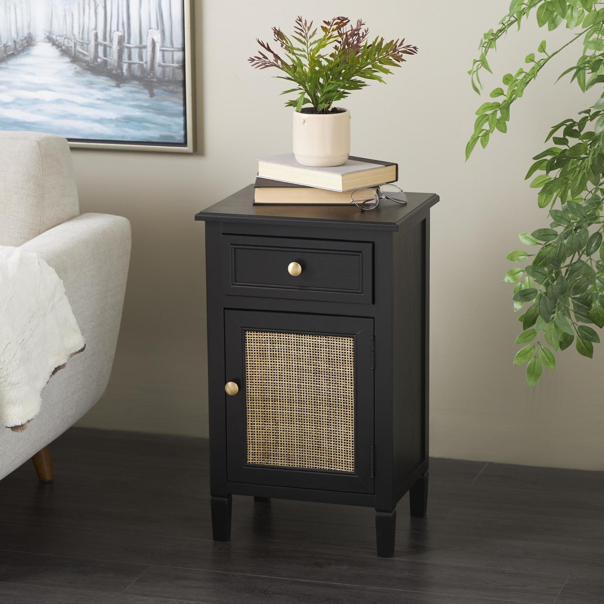 Black Wood Handmade 1 Door and 1 Drawer Room Cabinet with Rattan Front