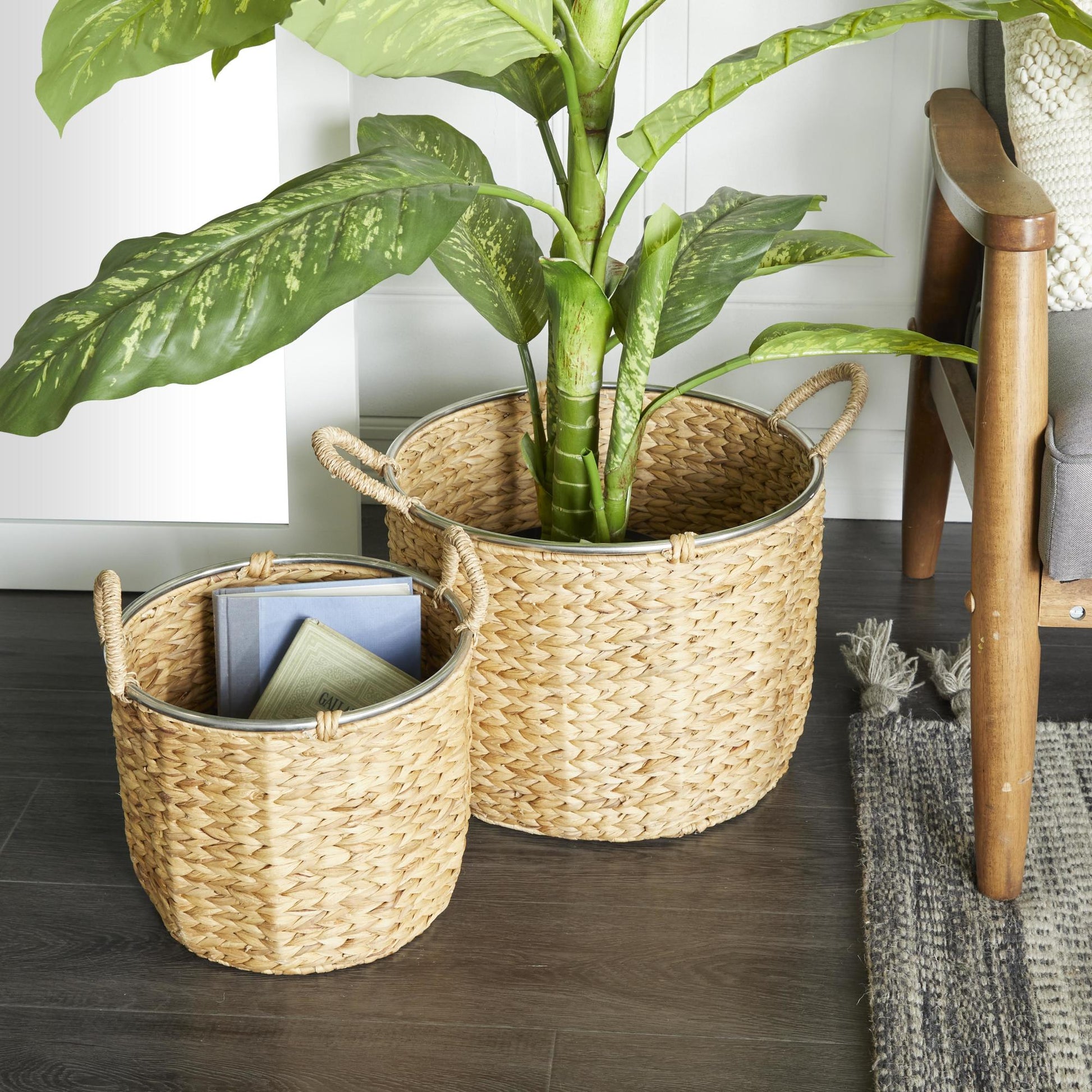 Set of 2 Light Brown Seagrass Handmade Decorative and Functional Storage Basket with Handles