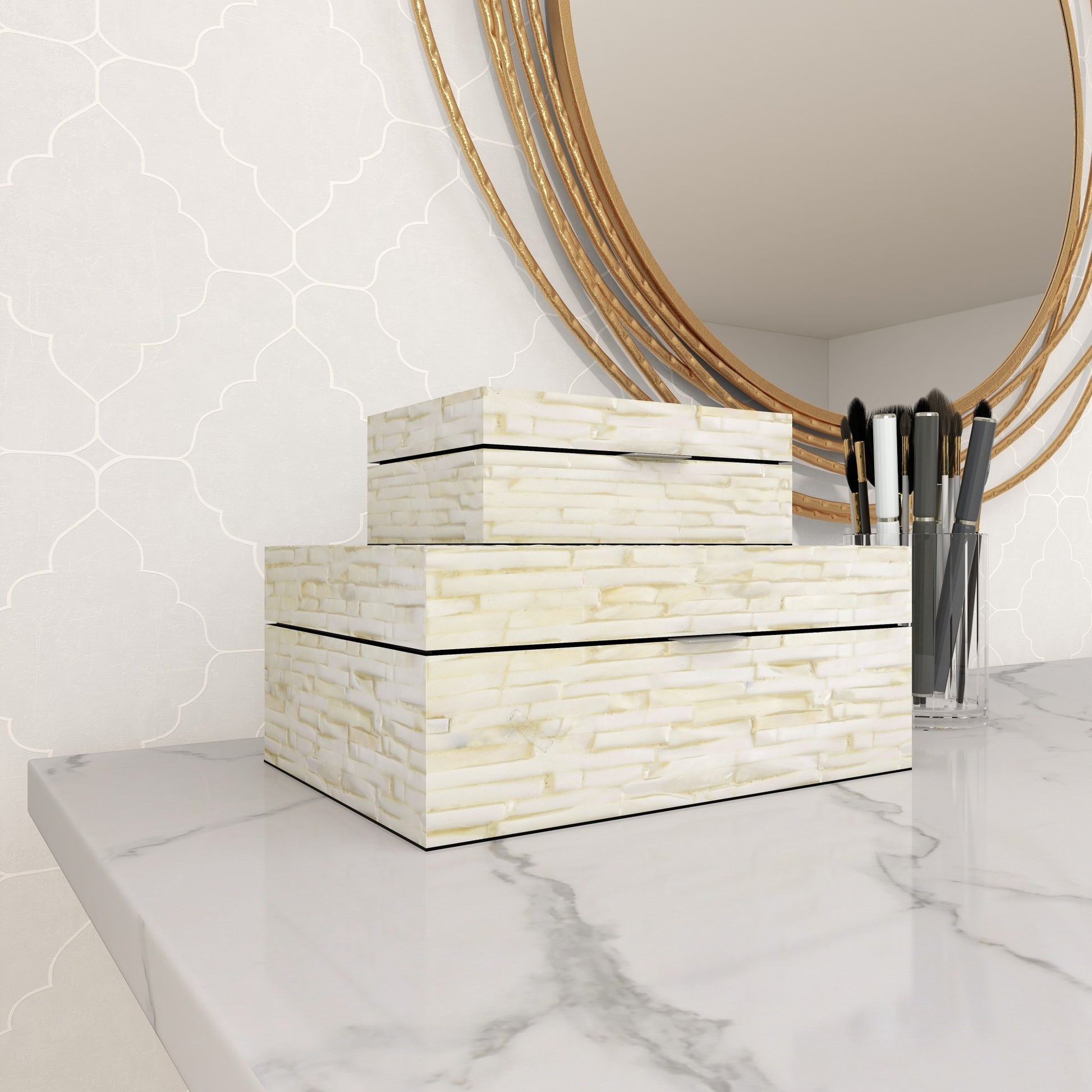 Set of 2 White Mother of Pearl Shell Handmade Decorative Box with Linear Mosaic Pattern and Hinged Lid