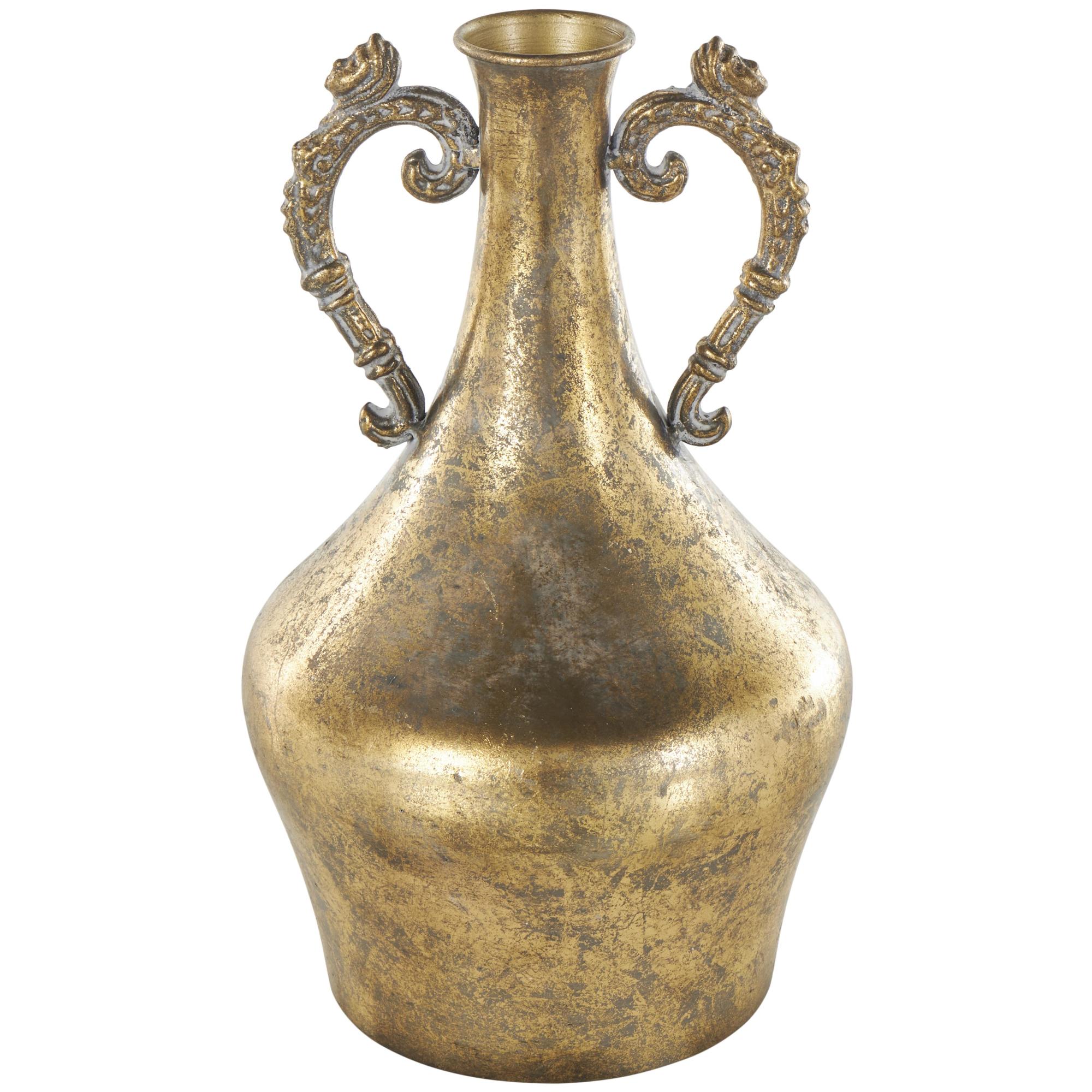 Scroll Gold Metal Weathered Vintage Amphora Decorative Vase with Ornate Handles