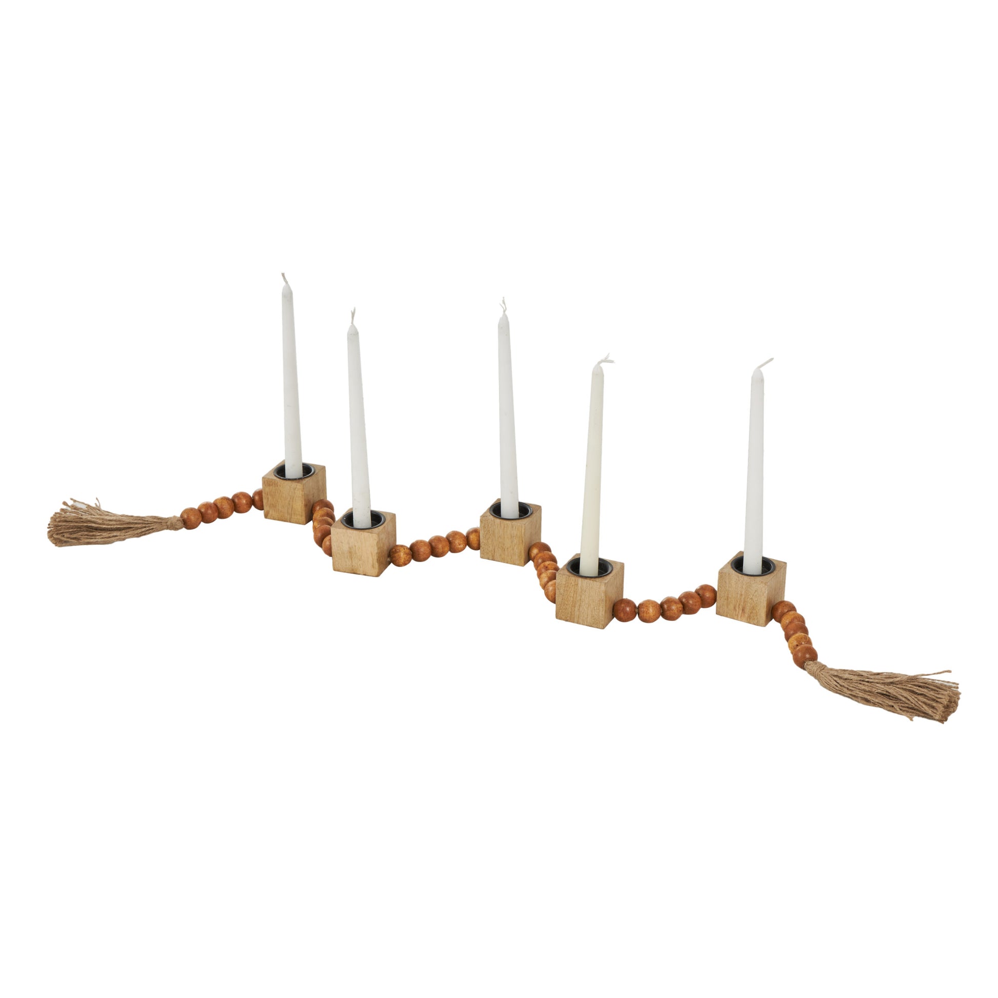 Wood Garland Decorative Candle Holder with Brown Tassel